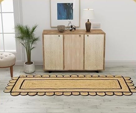 GRUHUM Jute Area Rug 6'x9' ft Wave Scalloped Natural Ivory Border Handwoven Boho Reversible Rustic Vintage Farmhouse Soft Braided EcoFriendly Rug - Indoor Livingroom Bedroom Hallways 6x9 ft Large