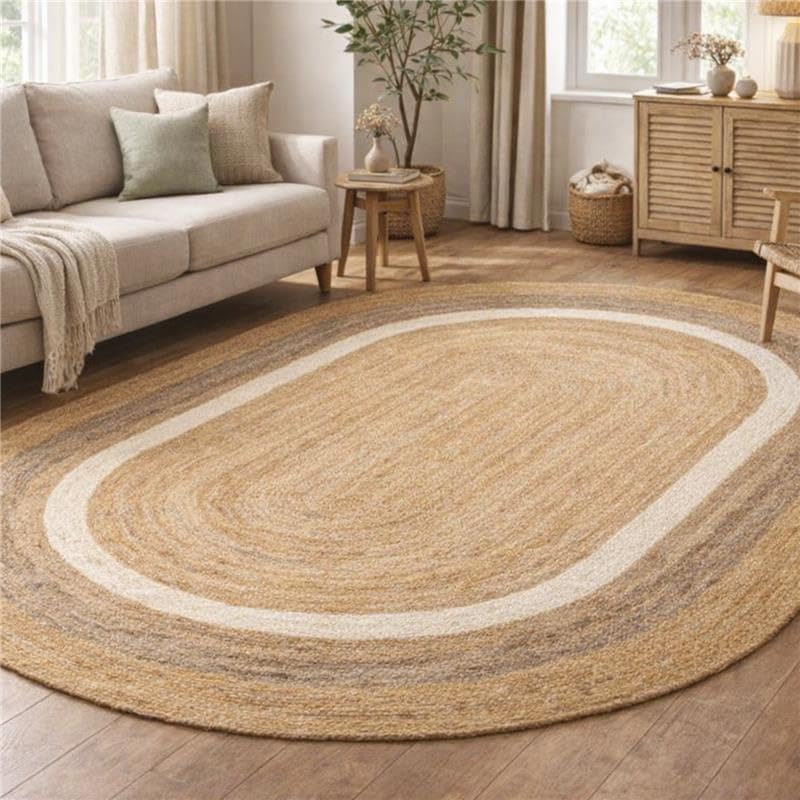 voyzz home 6X9 Feet-Oval, Premium Natural Jute High Traffic Braided Area Rug, Stain Resistance, Handmade Rug for Entryways, Living Room, Dining Room, Bedroom, Farmhouse (Natural & Grey & Ivory)