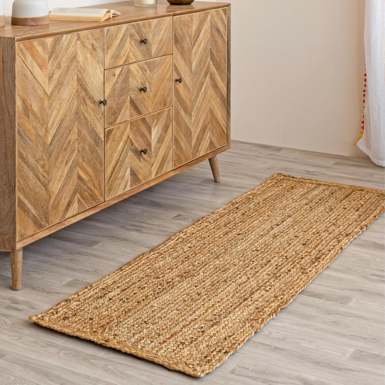 HOMEMONDE Braide Natural Jute Rug 5'x8' Boho Home Decor Area Rug - Barley White Hand Woven Rustic Vintage Reversible for Bedroom, Kitchen, Living Room, Hallway, Dining Room