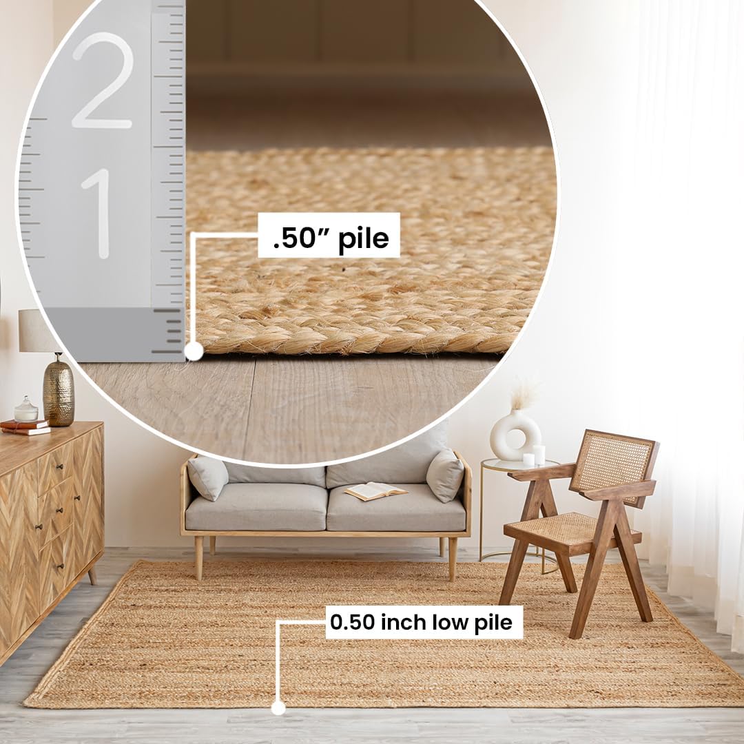 HOMEMONDE Solid Braided 8'x10' Jute Area Rug Natural - Eco Friendly Premium Fiber - Durable and Reversible Handwoven Farmhouse Rugs for Living Room, Hallway, Bedroom, Dinning Room, Kitchen, Office