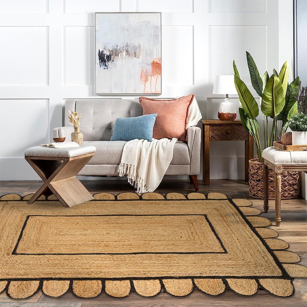 GRUHUM Jute Area Rug 6'x9' ft Wave Scalloped Natural Ivory Border Handwoven Boho Reversible Rustic Vintage Farmhouse Soft Braided EcoFriendly Rug - Indoor Livingroom Bedroom Hallways 6x9 ft Large