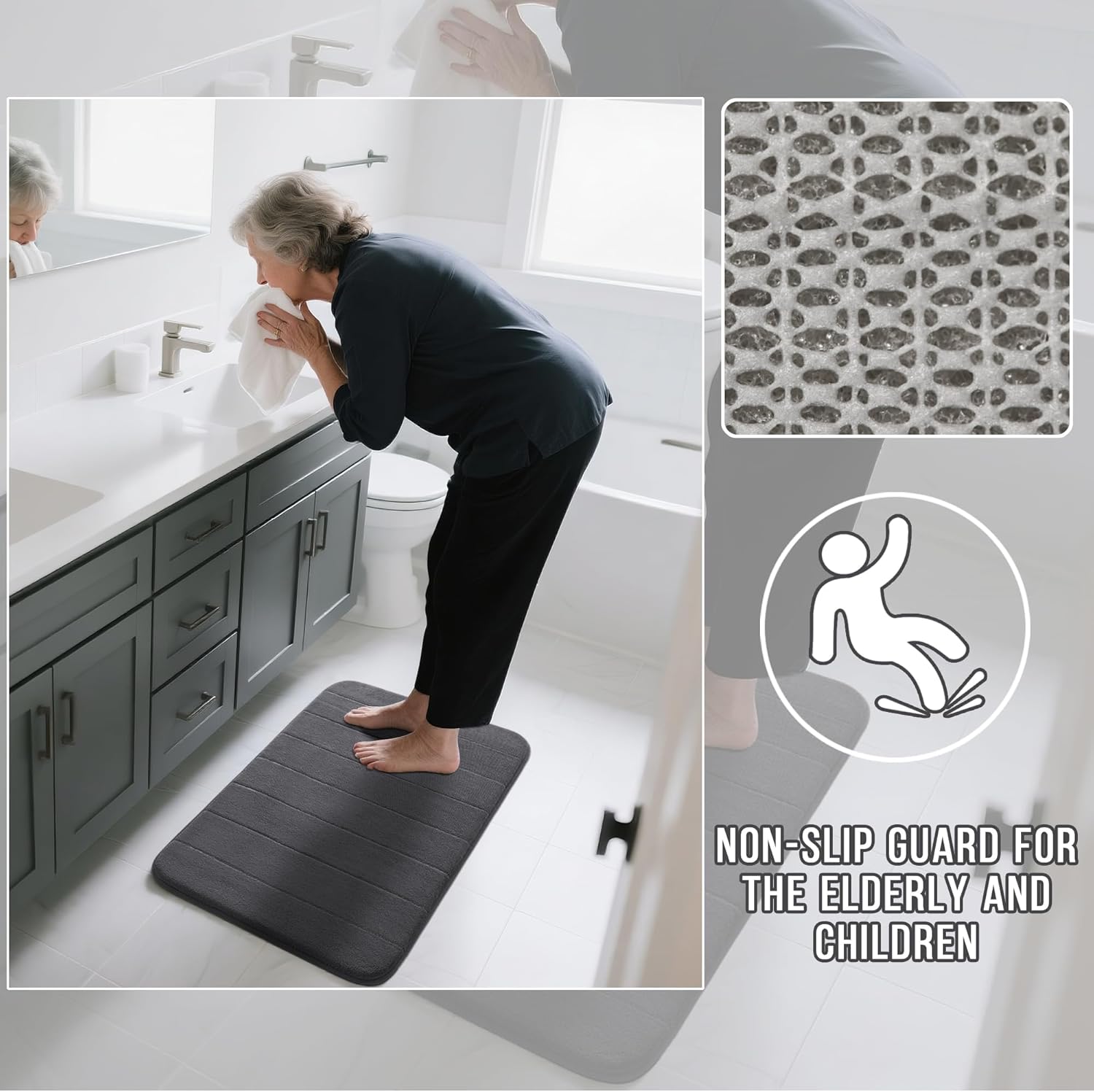 Yimobra Memory Foam Bathroom Rugs Sets 2 Piece - Super Soft Absorbent Quick Dry Bath Mat Set, Machine Washable Non Slip Floor Carpet for Tub Shower & Single Sink (17x24 & 31.5x20 Inch, Dark Gray)