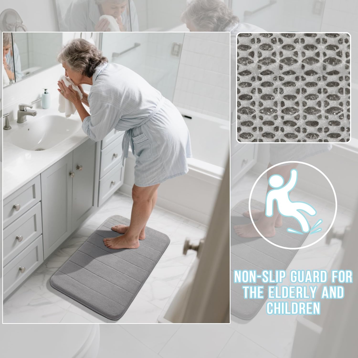 Yimobra Memory Foam Bath Mat Set 2 Piece - Super Soft Absorbent Quick Dry Bathroom Toilet Rugs, Machine Washable Non Slip Floor Carpet for Tub Shower & Single Sink (31.5x20 & 24x20, Gray)