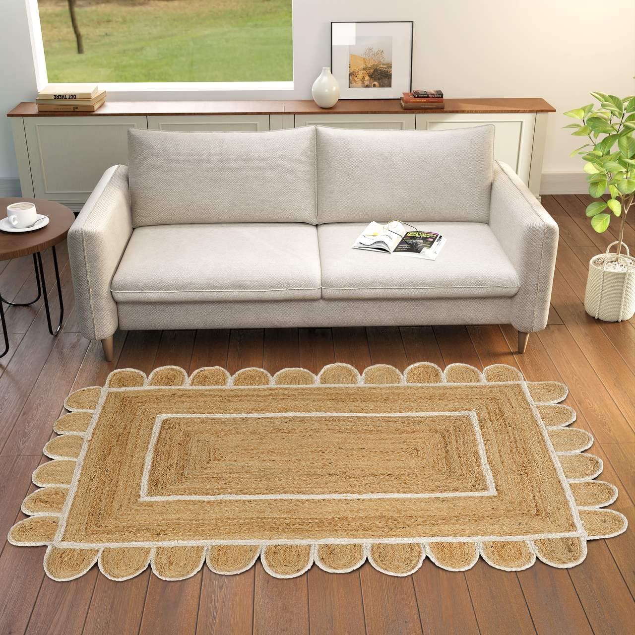 GRUHUM Jute Area Rug 6'x9' ft Wave Scalloped Natural Ivory Border Handwoven Boho Reversible Rustic Vintage Farmhouse Soft Braided EcoFriendly Rug - Indoor Livingroom Bedroom Hallways 6x9 ft Large