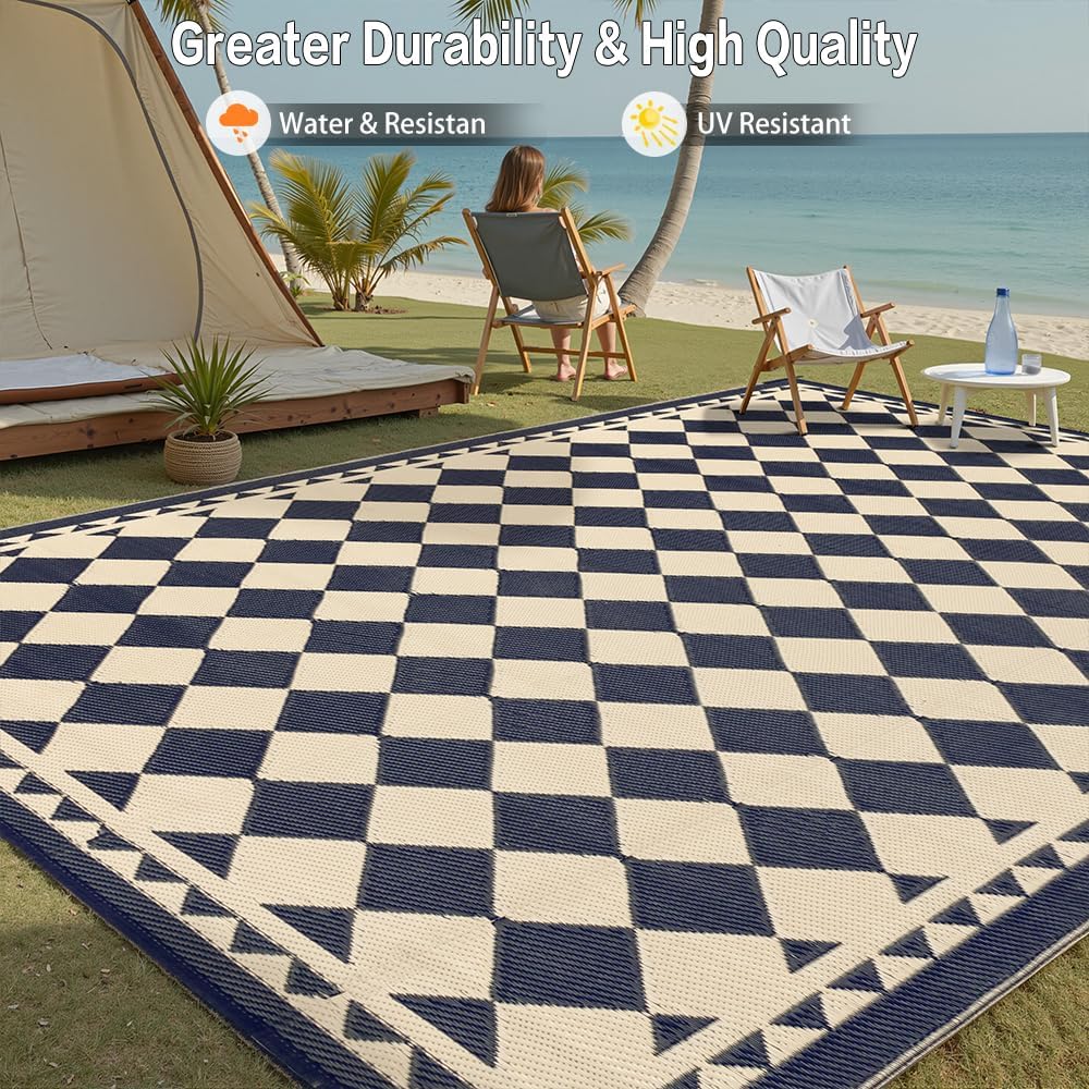 HUGEAR Outdoor Rug for Patios Clearance,Waterproof Mat,Large Outside Carpet,Reversible Plastic Straw Camping Rugs,Rv,Porch,Deck,Camper,Balcony,Backyard (9x12,Checkered/Black&Beige)