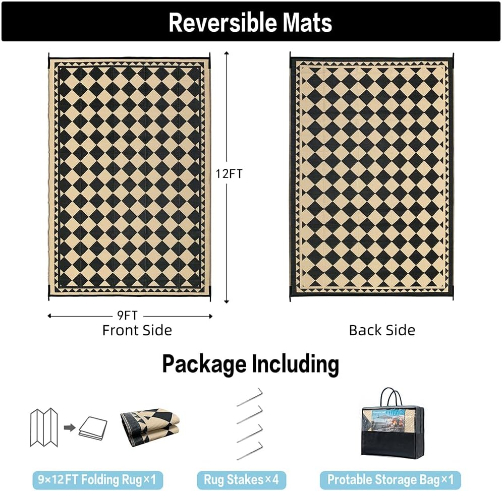 HUGEAR Outdoor Rug for Patios Clearance,Waterproof Mat,Large Outside Carpet,Reversible Plastic Straw Camping Rugs,Rv,Porch,Deck,Camper,Balcony,Backyard (9x12,Checkered/Black&Beige)