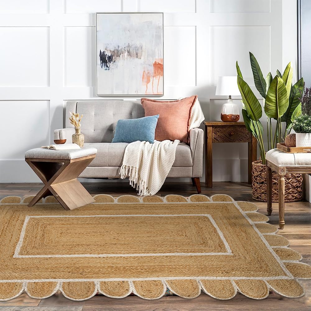GRUHUM Jute Area Rug 6'x9' ft Wave Scalloped Natural Ivory Border Handwoven Boho Reversible Rustic Vintage Farmhouse Soft Braided EcoFriendly Rug - Indoor Livingroom Bedroom Hallways 6x9 ft Large
