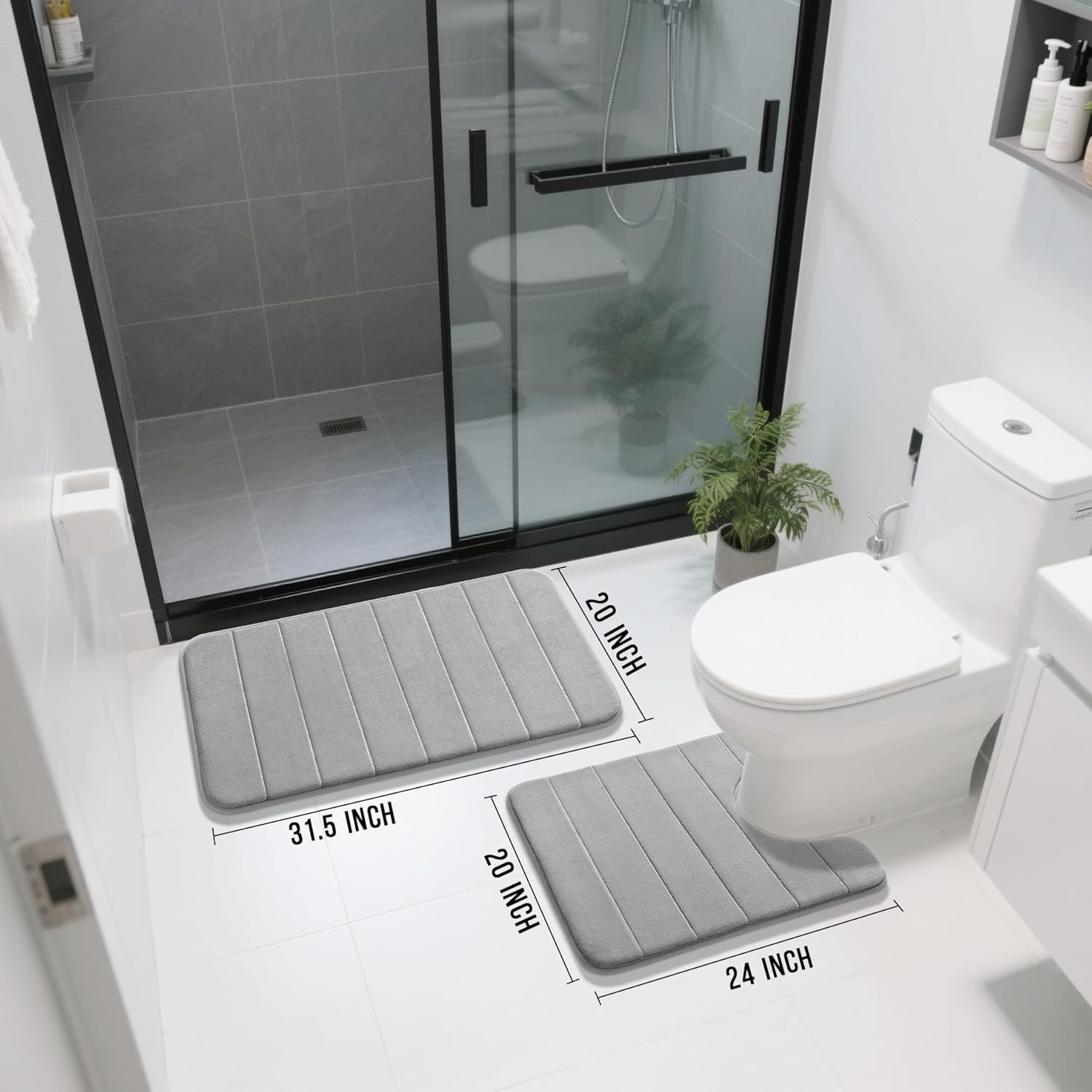 Yimobra Memory Foam Bath Mat Set 2 Piece - Super Soft Absorbent Quick Dry Bathroom Toilet Rugs, Machine Washable Non Slip Floor Carpet for Tub Shower & Single Sink (31.5x20 & 24x20, Gray)