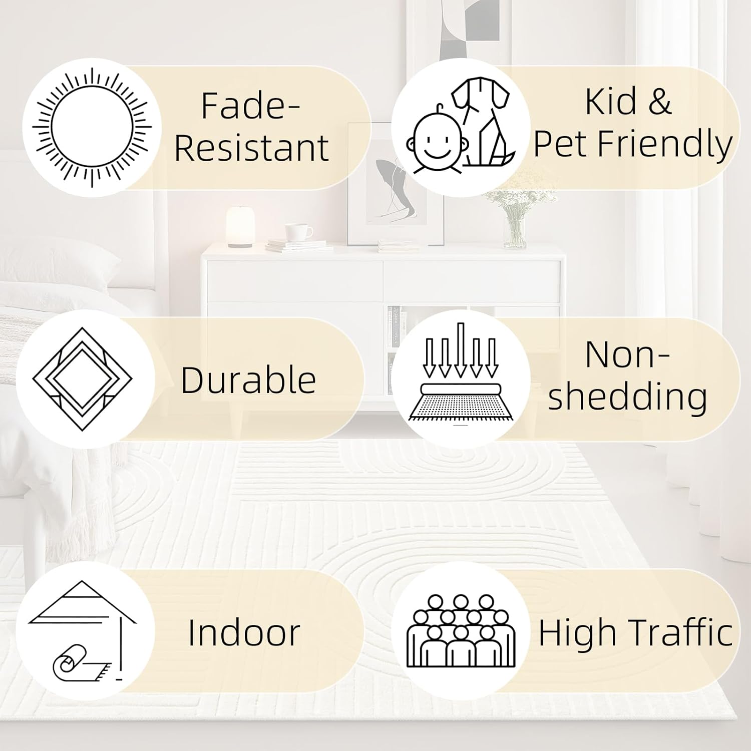 Beige Solid Area Rug 8x10 – Large Washable Soft Indoor Rugs for Living Room Bedroom, Modern Geometric Bohemian Pattern High-Low Pile Textured Carpet for House Apartment, Home Office Decor