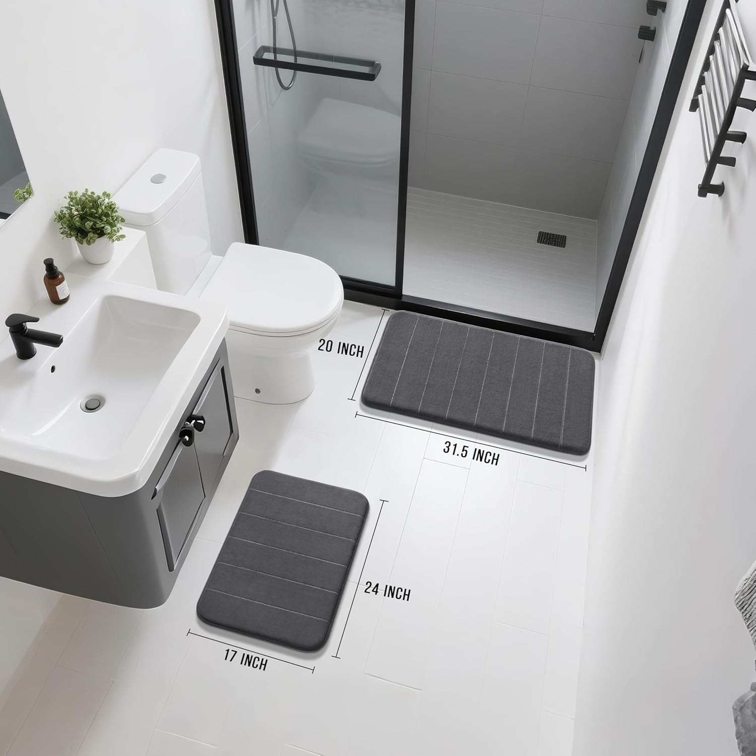 Yimobra Memory Foam Bathroom Rugs Sets 2 Piece - Super Soft Absorbent Quick Dry Bath Mat Set, Machine Washable Non Slip Floor Carpet for Tub Shower & Single Sink (17x24 & 31.5x20 Inch, Dark Gray)