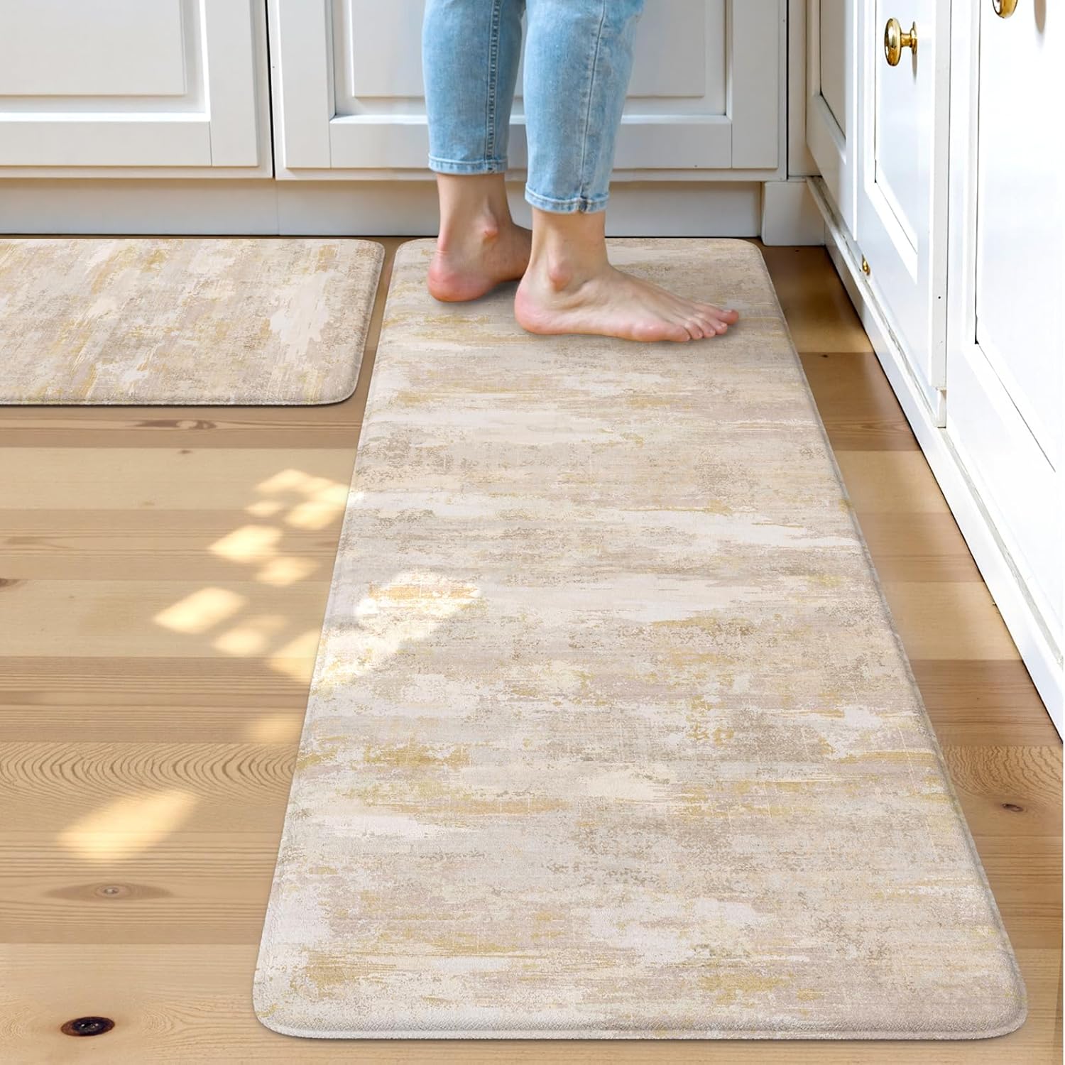 Collive Kitchen Mats Cushioned Anti Fatigue, Abstract Kitchens Floor Mat Non Slip Desk Rugs Waterproof, Beige Memory Foam Comfort Standing Rug for Sink, Home Decor, 17"x59"+17"x29"