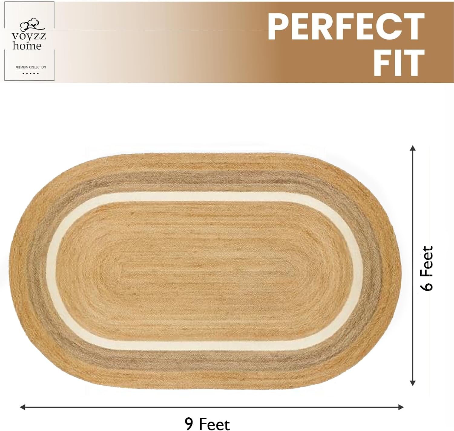 voyzz home 6X9 Feet-Oval, Premium Natural Jute High Traffic Braided Area Rug, Stain Resistance, Handmade Rug for Entryways, Living Room, Dining Room, Bedroom, Farmhouse (Natural & Grey & Ivory)