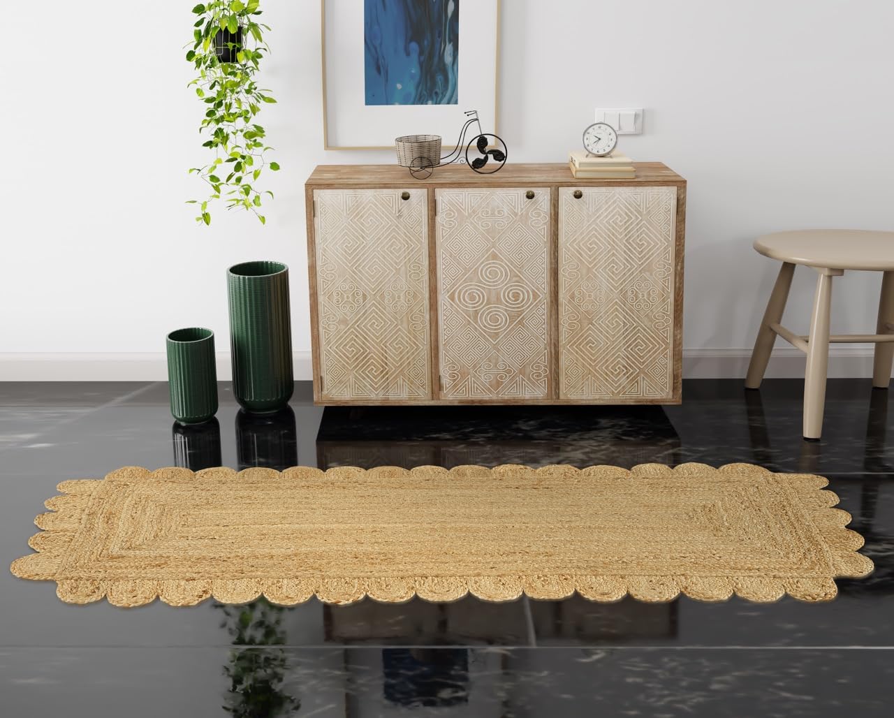 GRUHUM Jute Area Rug 6'x9' ft Wave Scalloped Natural Ivory Border Handwoven Boho Reversible Rustic Vintage Farmhouse Soft Braided EcoFriendly Rug - Indoor Livingroom Bedroom Hallways 6x9 ft Large