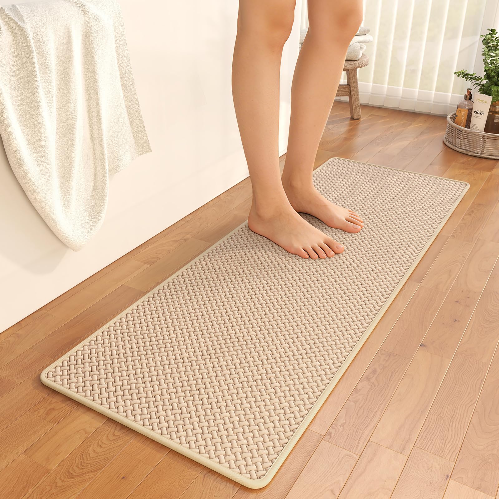 Bathroom Runner Rug Non Slip, Super Absorbent Quick Dry Long Bath Mat, Foam Weave Texture Rubber Backing Ultra Thin Bathroom Mats Fit Under Door Bathroom Floor Bathtub Shower, 16"x 47"