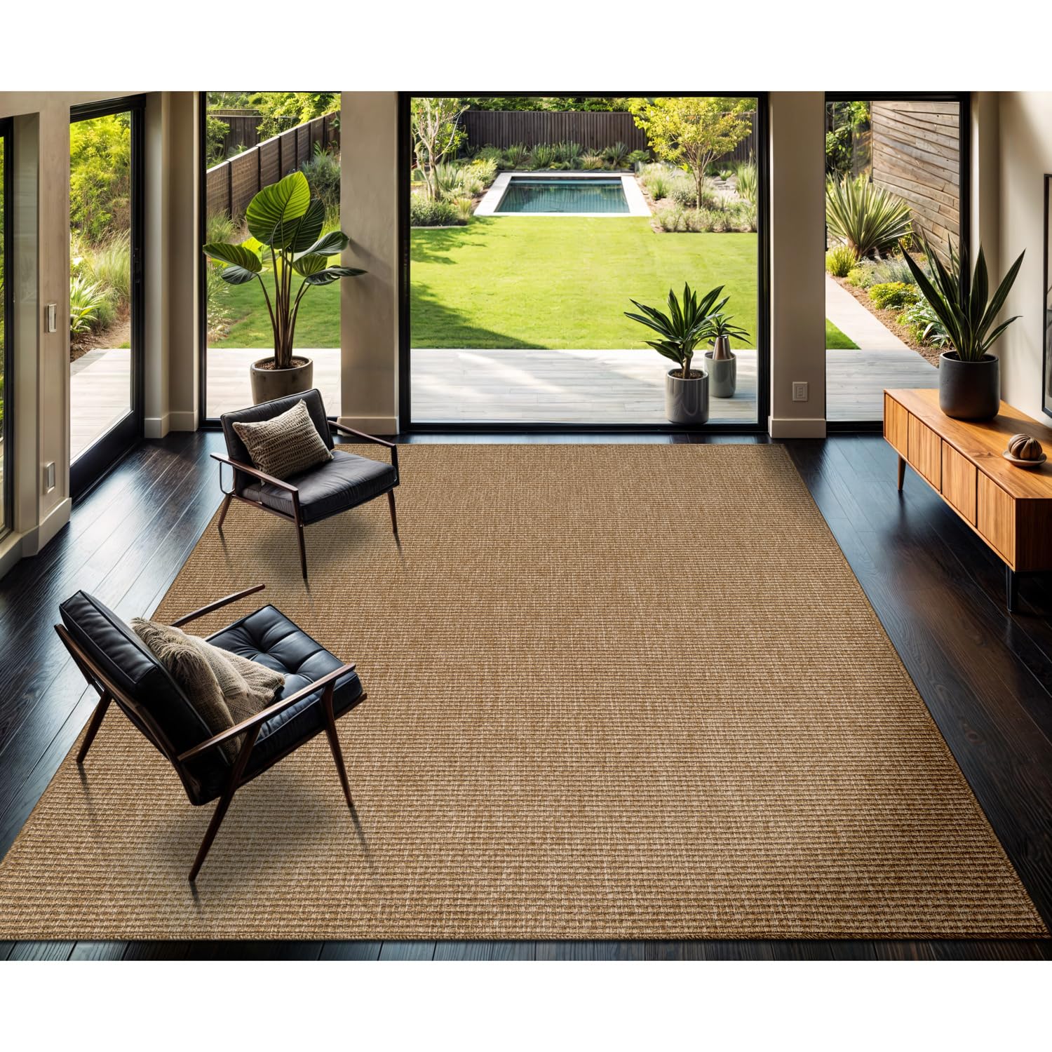 CAMILSON Easy Jute Rug 5x7, Indoor Outdoor Natural Color Fiber Area Rugs for Living Room Patio and Kitchen Rug Herringbone Seagrass Woven Design Easy-Cleaning Washable Outside Carpet Alfombras 5 x 7