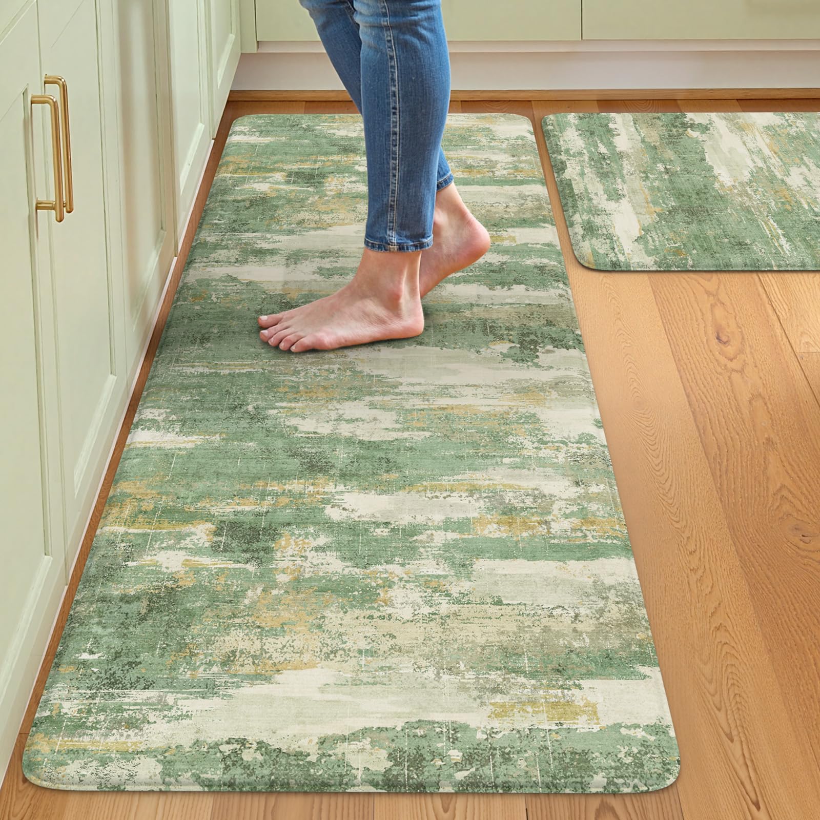 Collive Kitchen Mats Cushioned Anti Fatigue, Abstract Kitchens Floor Mat Non Slip Desk Rugs Waterproof, Beige Memory Foam Comfort Standing Rug for Sink, Home Decor, 17"x59"+17"x29"