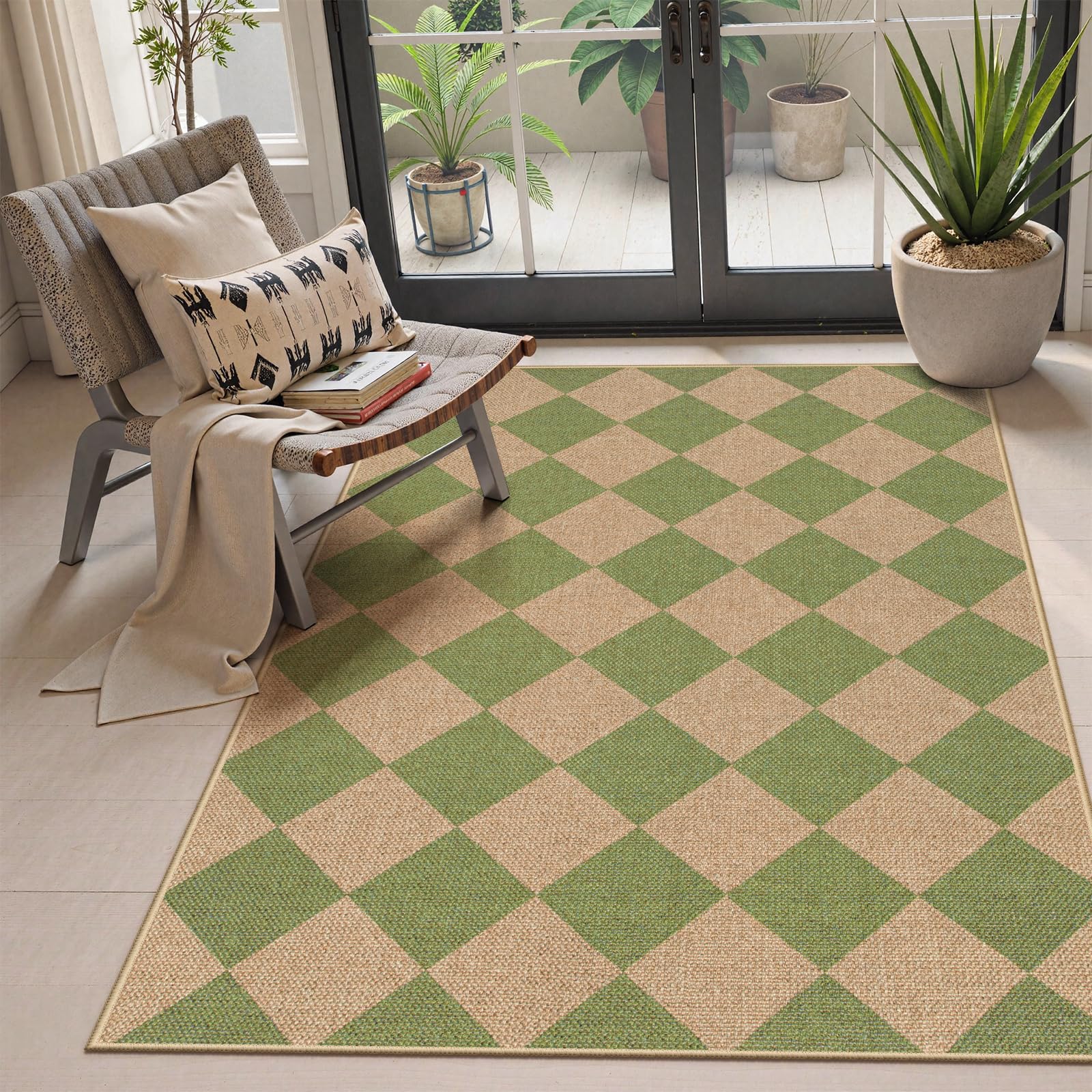 Lahome Checkered Easy Jute 5x7 Area Rugs, Washable Outdoor Patio Rug for Living Room Diamond Indoor Outdoor Carpet, Farmhouse Geometric Non Slip Black Carpet for Backyard Dining Room