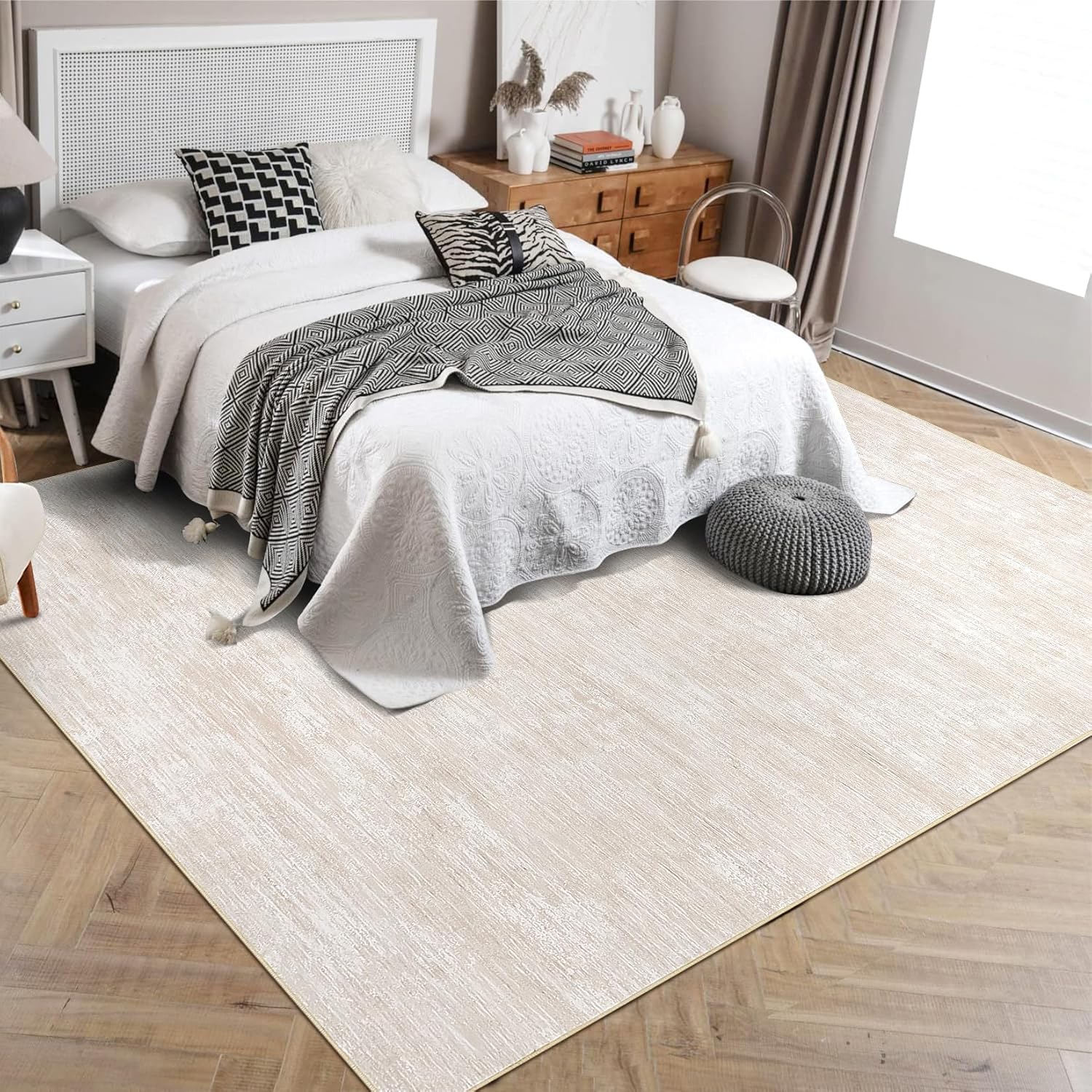 RUGSREAL 8x10 Washable Rug for Living Room Non-Slip Modern Abstract Area Rug Stain Resistant Large Bedroom Rug Contemporary Accent Throw Floor Carpet Solid Rug for Dining Room Home Decor, Beige