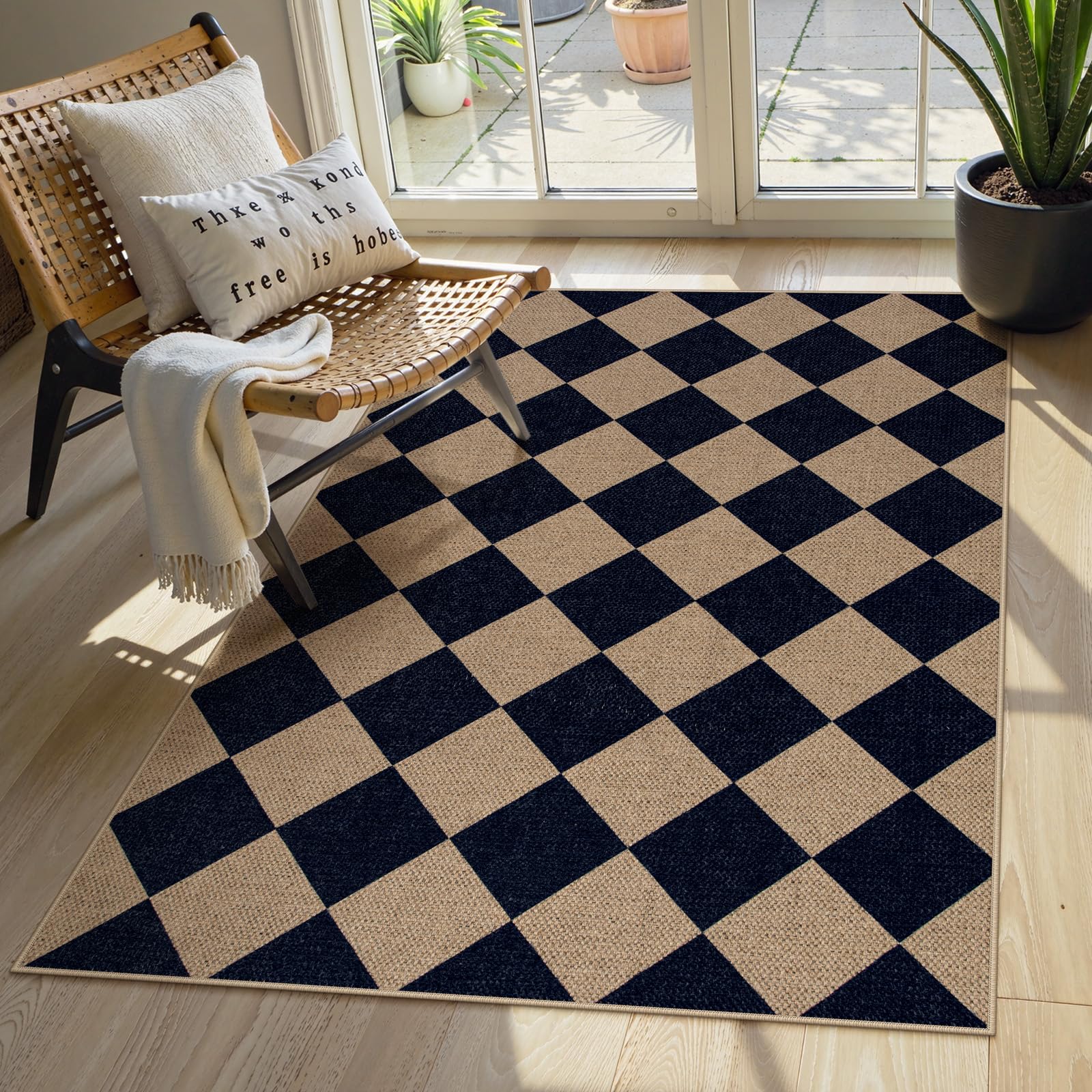 Lahome Checkered Easy Jute 5x7 Area Rugs, Washable Outdoor Patio Rug for Living Room Diamond Indoor Outdoor Carpet, Farmhouse Geometric Non Slip Black Carpet for Backyard Dining Room