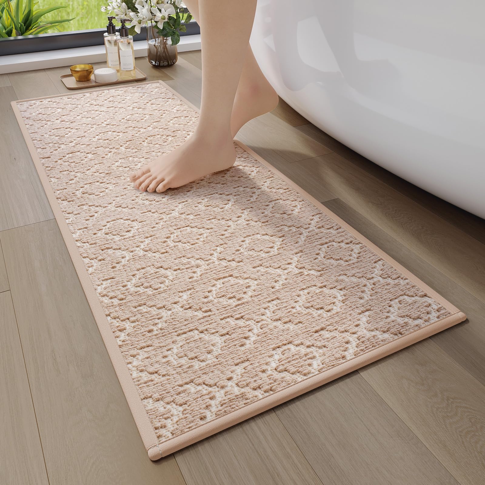 Bathroom Runner Rug Non Slip, Super Absorbent Quick Dry Long Bath Mat, Foam Weave Texture Rubber Backing Ultra Thin Bathroom Mats Fit Under Door Bathroom Floor Bathtub Shower, 16"x 47"