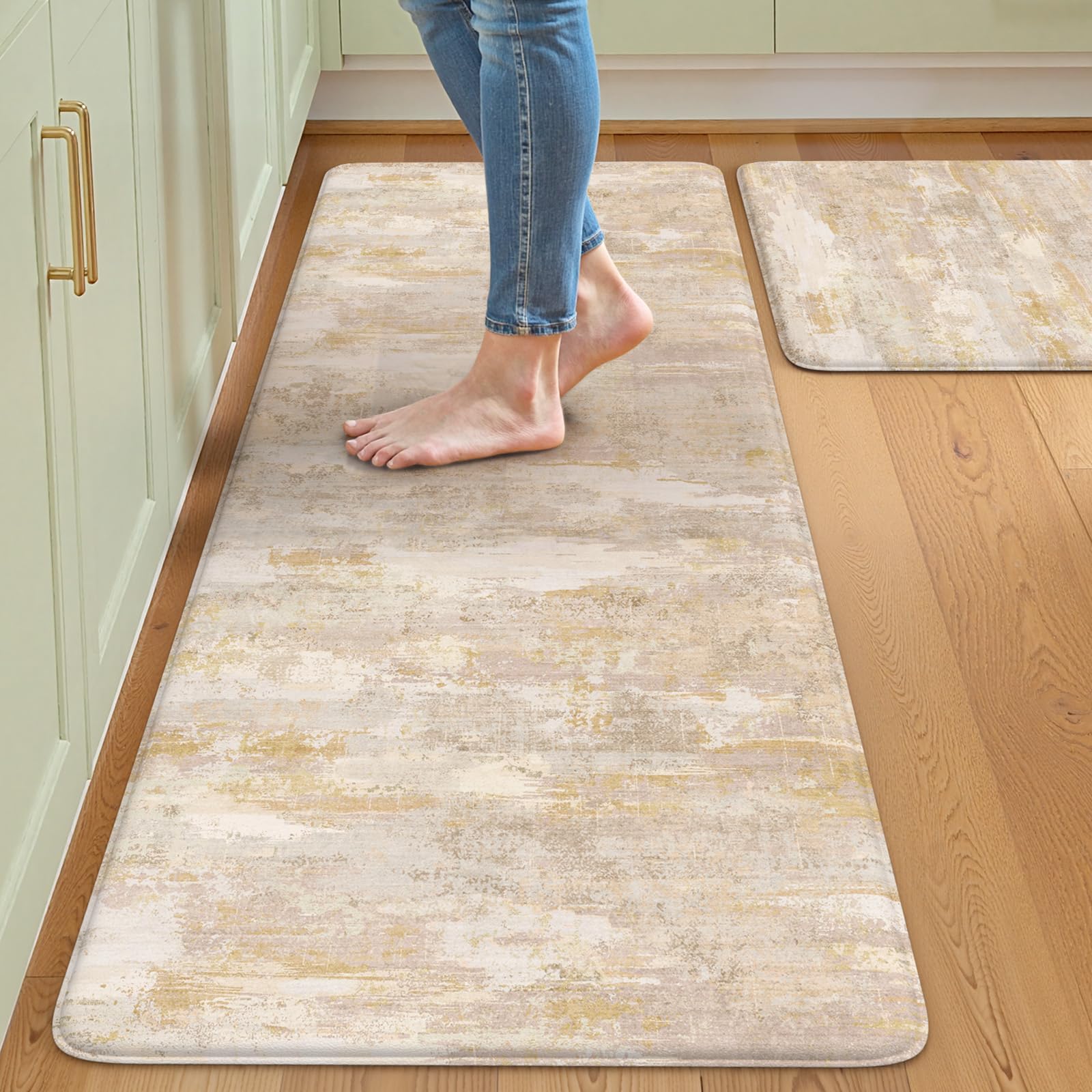Collive Kitchen Mats Cushioned Anti Fatigue, Abstract Kitchens Floor Mat Non Slip Desk Rugs Waterproof, Beige Memory Foam Comfort Standing Rug for Sink, Home Decor, 17"x59"+17"x29"