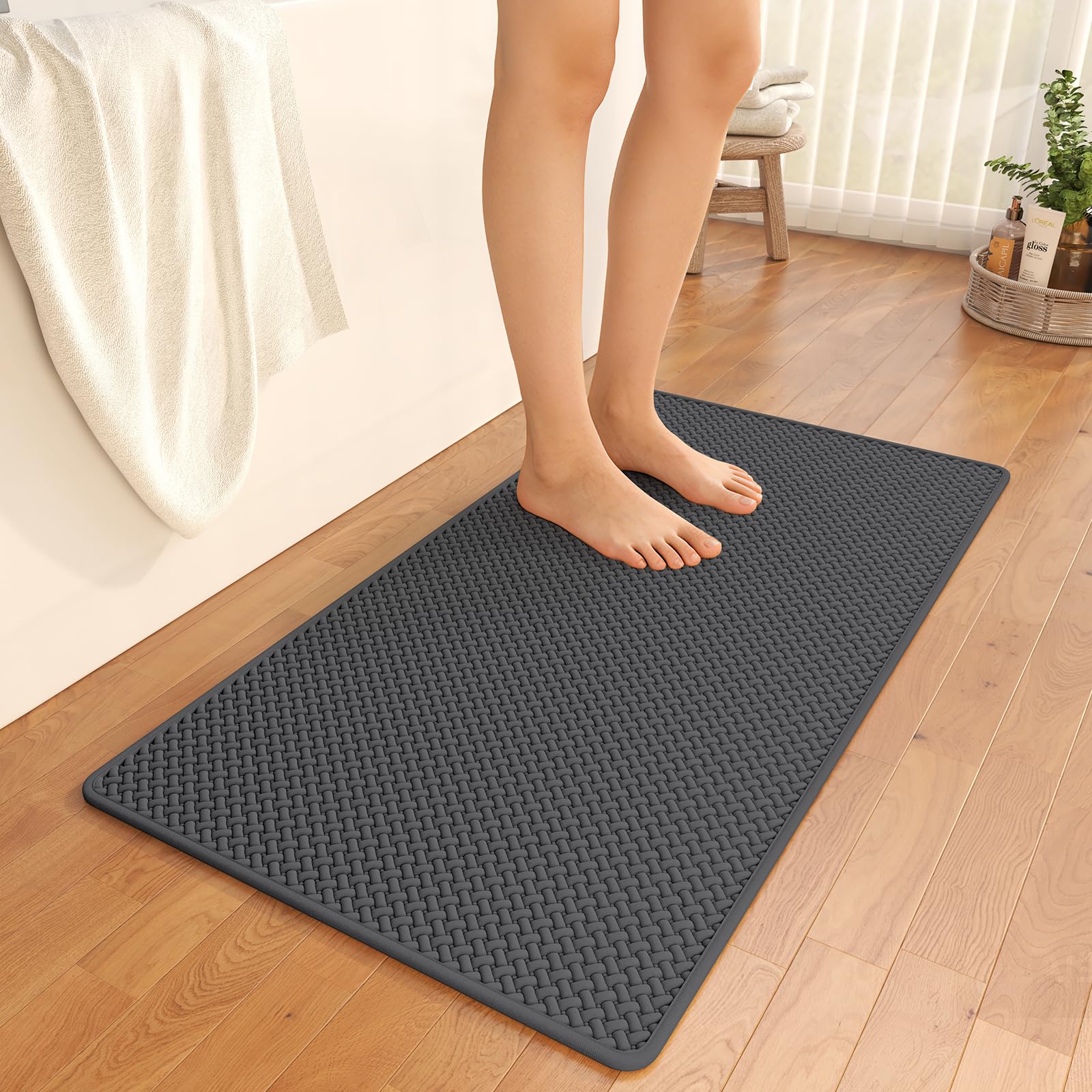 Bathroom Runner Rug Non Slip, Super Absorbent Quick Dry Long Bath Mat, Foam Weave Texture Rubber Backing Ultra Thin Bathroom Mats Fit Under Door Bathroom Floor Bathtub Shower, 16"x 47"