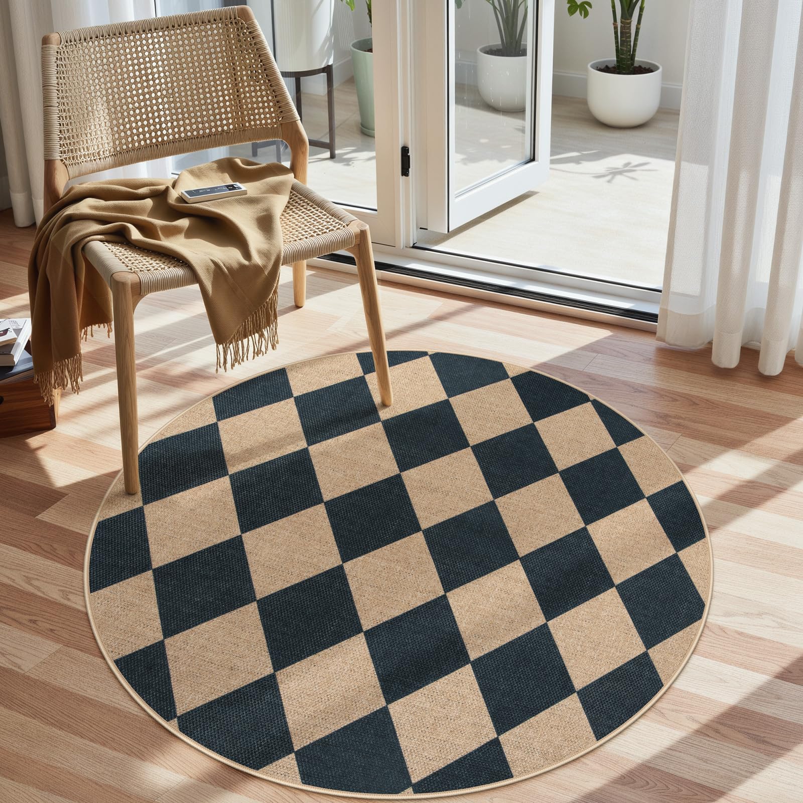 Lahome Checkered Easy Jute 5x7 Area Rugs, Washable Outdoor Patio Rug for Living Room Diamond Indoor Outdoor Carpet, Farmhouse Geometric Non Slip Black Carpet for Backyard Dining Room