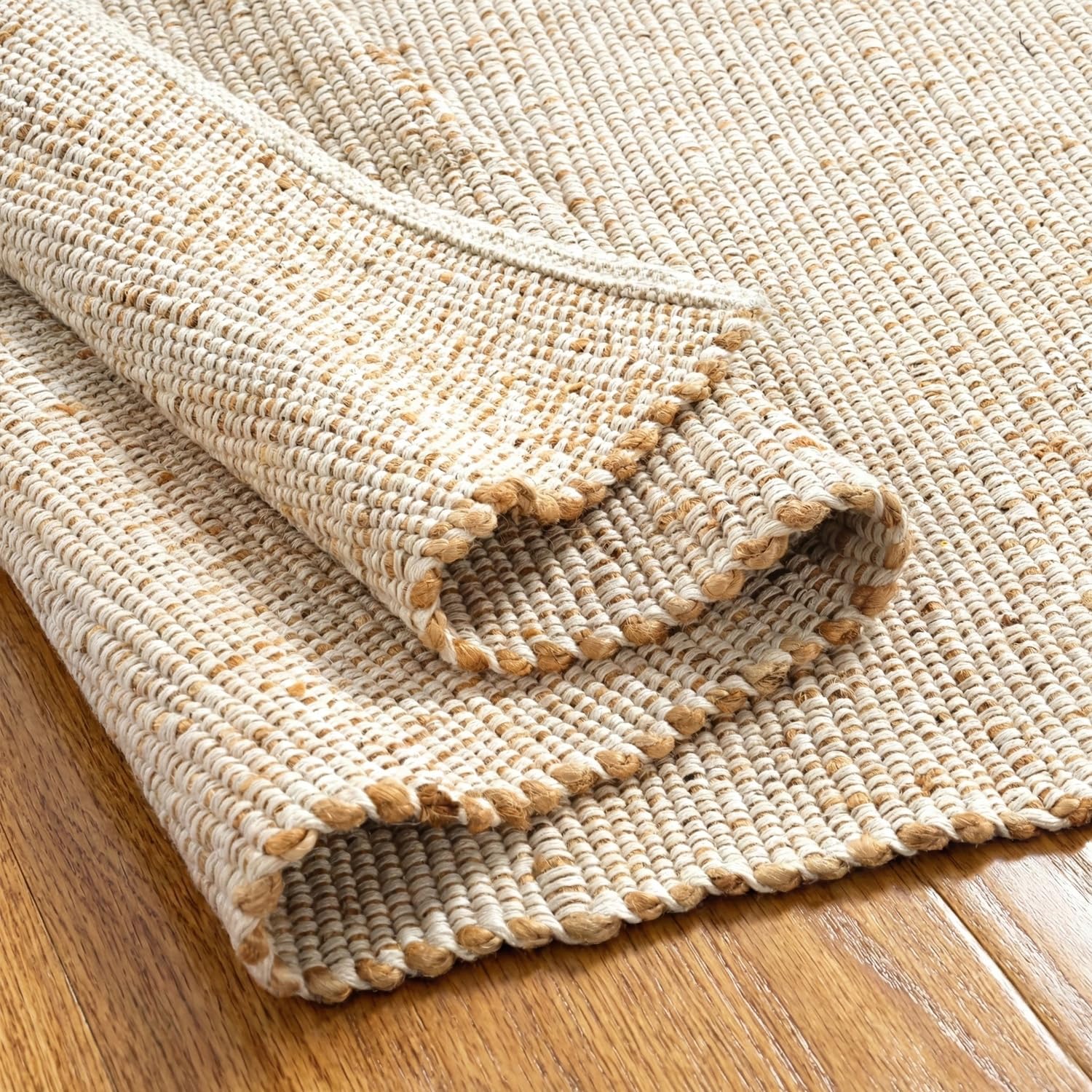 GRUHUM Jute Area Rug 6'x9' ft Wave Scalloped Natural Ivory Border Handwoven Boho Reversible Rustic Vintage Farmhouse Soft Braided EcoFriendly Rug - Indoor Livingroom Bedroom Hallways 6x9 ft Large