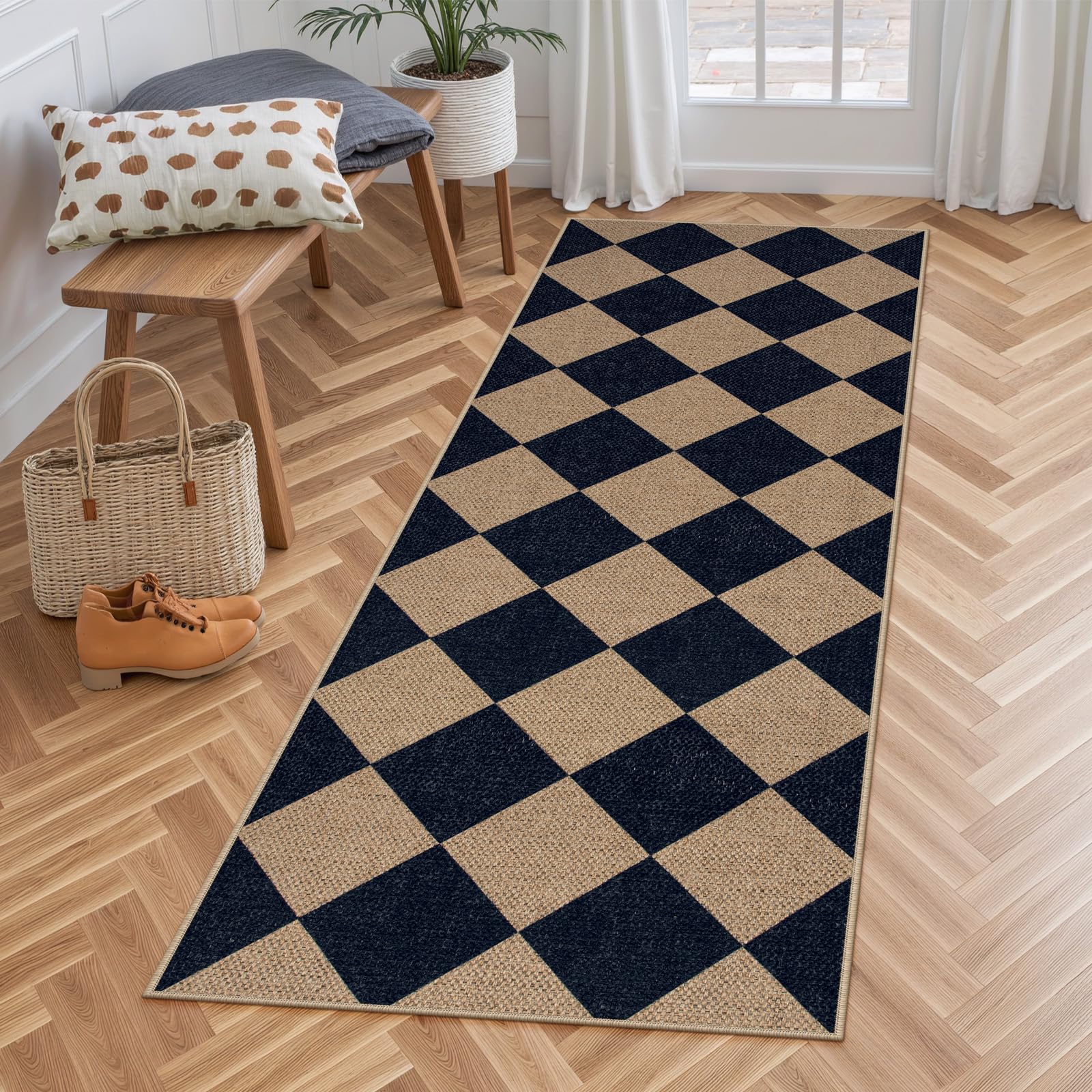 Lahome Checkered Easy Jute 5x7 Area Rugs, Washable Outdoor Patio Rug for Living Room Diamond Indoor Outdoor Carpet, Farmhouse Geometric Non Slip Black Carpet for Backyard Dining Room