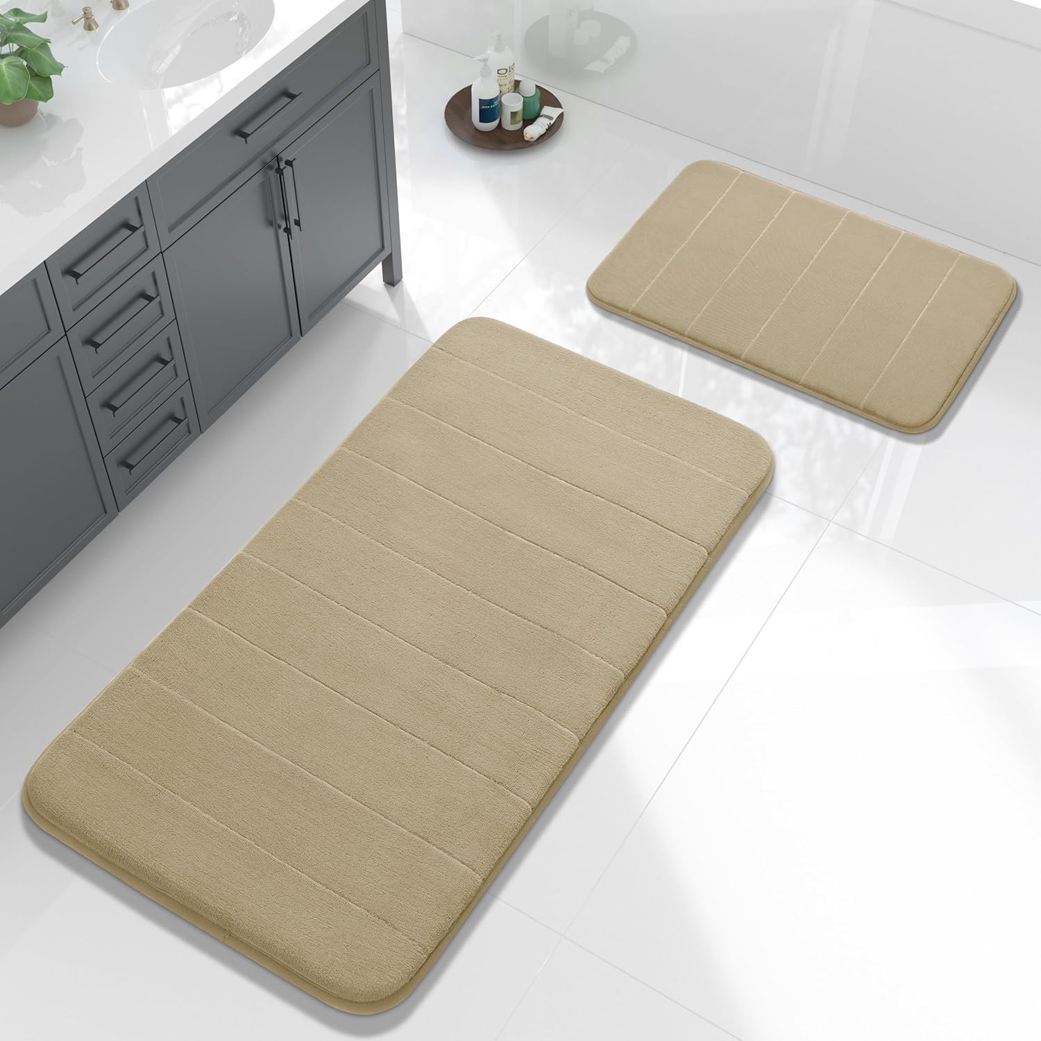 Yimobra Memory Foam Bathroom Rugs Sets 2 Piece - Super Soft Absorbent Quick Dry Bath Mat Set, Machine Washable Non Slip Floor Carpet for Tub Shower & Single Sink (17x24 & 31.5x20 Inch, Dark Gray)