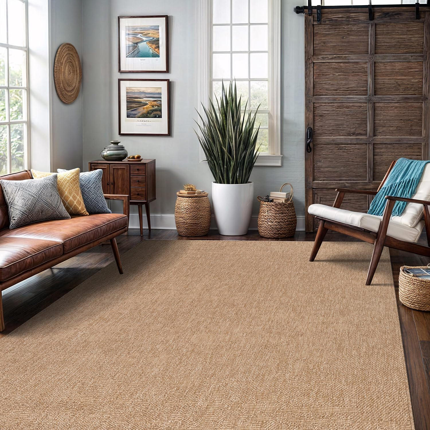 Washable Easy Jute Rug 5x7, Indoor Outdoor Rugs Natural Color Farmhouse Area Rugs for Living Room, Kitchen, High Traffic Area, Easy to Clean Solid Boho Woven Design Outside Carpet (5 X 7 Natural)