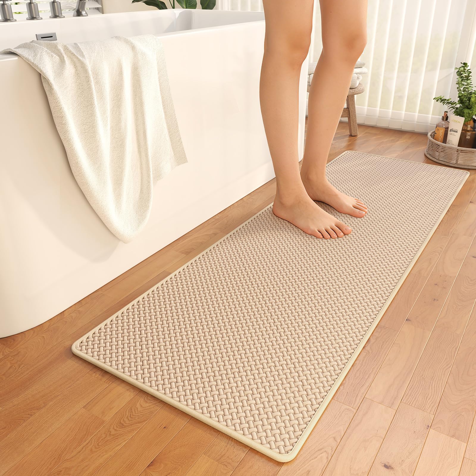 Bathroom Runner Rug Non Slip, Super Absorbent Quick Dry Long Bath Mat, Foam Weave Texture Rubber Backing Ultra Thin Bathroom Mats Fit Under Door Bathroom Floor Bathtub Shower, 16"x 47"
