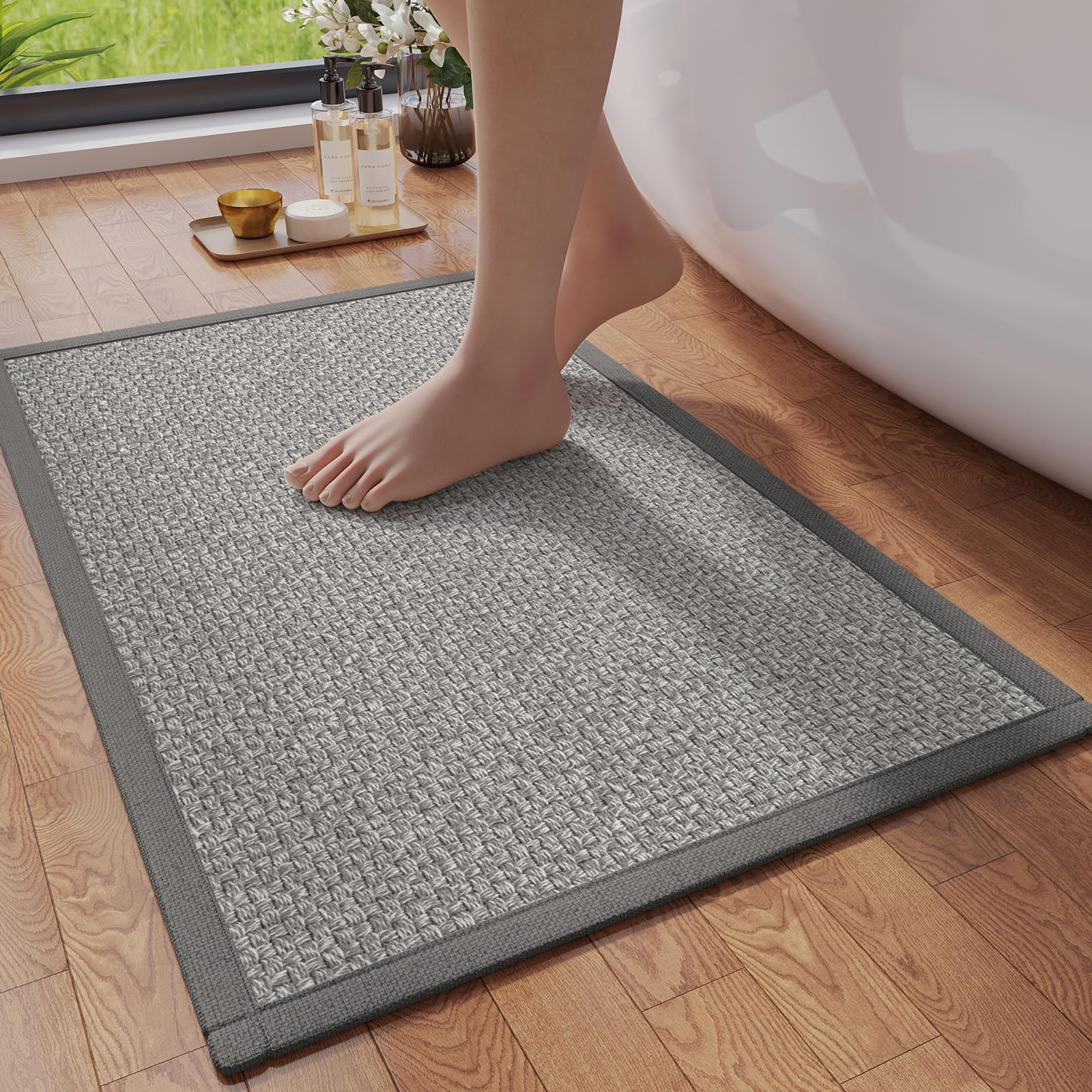 Bathroom Runner Rug Non Slip, Super Absorbent Quick Dry Long Bath Mat, Foam Weave Texture Rubber Backing Ultra Thin Bathroom Mats Fit Under Door Bathroom Floor Bathtub Shower, 16"x 47"