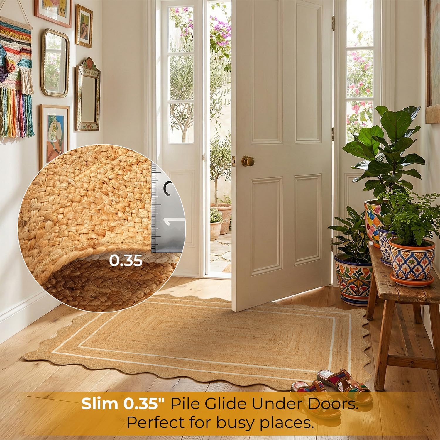 GRUHUM Jute Area Rug 6'x9' ft Wave Scalloped Natural Ivory Border Handwoven Boho Reversible Rustic Vintage Farmhouse Soft Braided EcoFriendly Rug - Indoor Livingroom Bedroom Hallways 6x9 ft Large