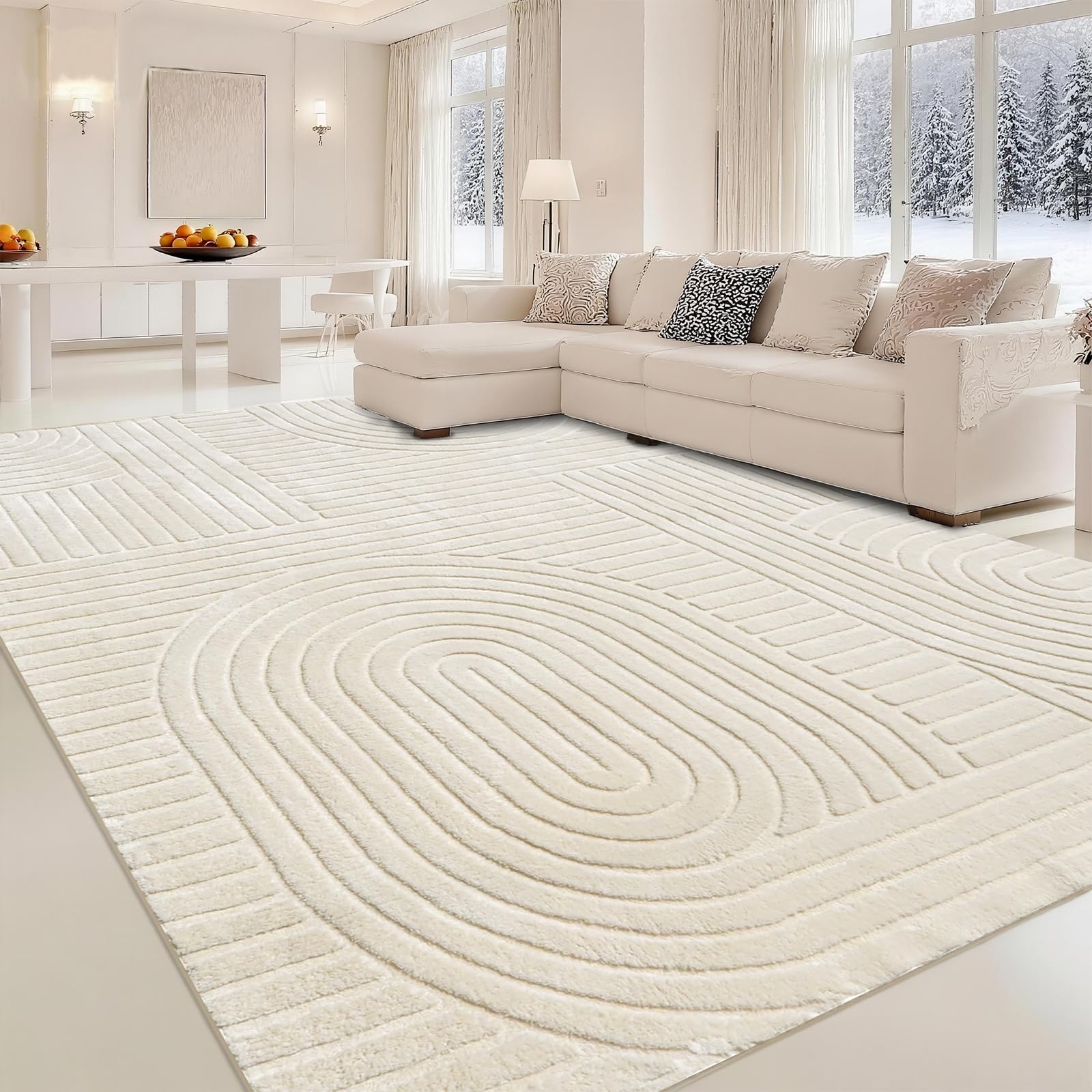 Beige Solid Area Rug 8x10 – Large Washable Soft Indoor Rugs for Living Room Bedroom, Modern Geometric Bohemian Pattern High-Low Pile Textured Carpet for House Apartment, Home Office Decor