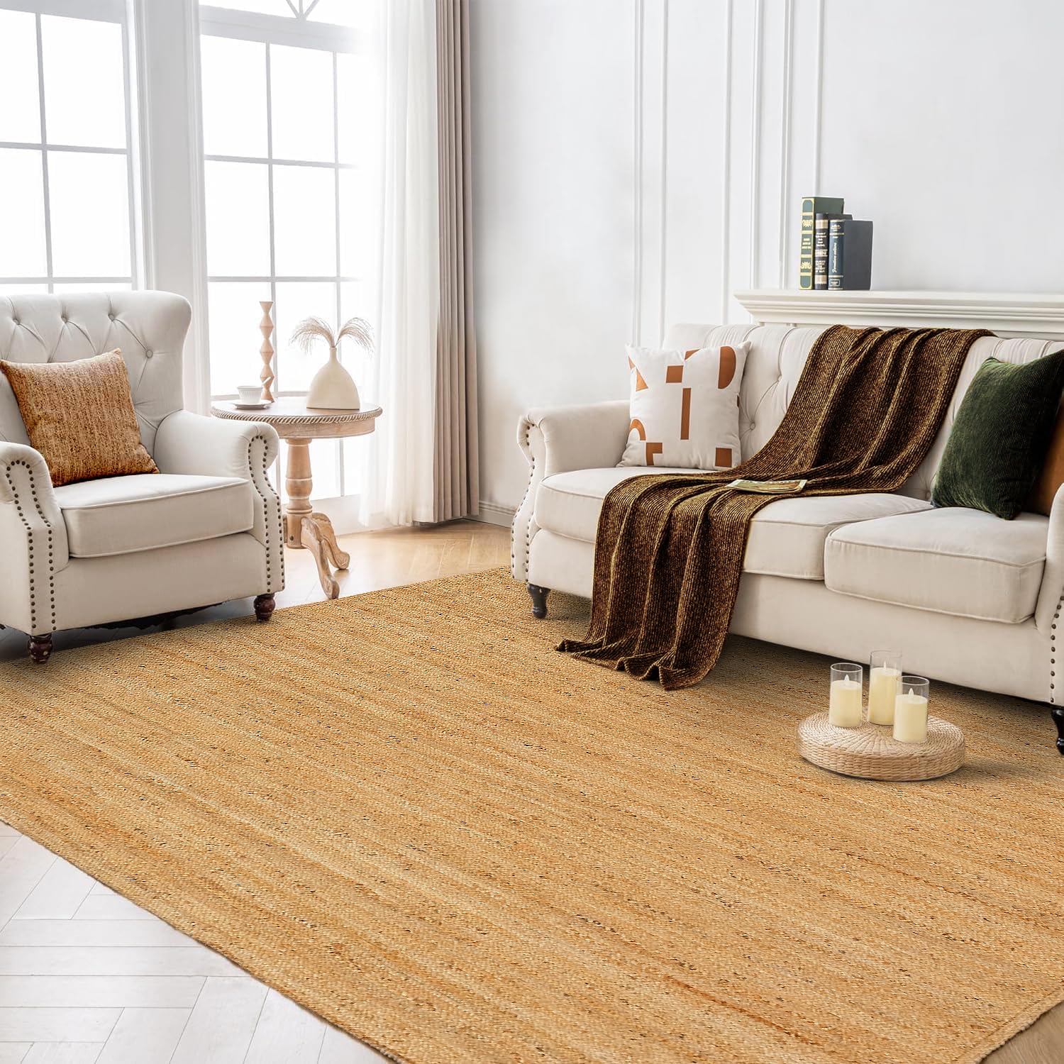 GRUHUM Jute Area Rug 6'x9' ft Wave Scalloped Natural Ivory Border Handwoven Boho Reversible Rustic Vintage Farmhouse Soft Braided EcoFriendly Rug - Indoor Livingroom Bedroom Hallways 6x9 ft Large