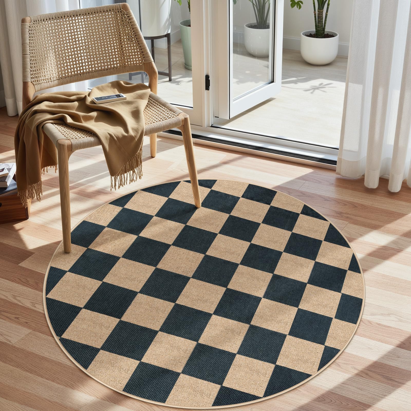 Lahome Checkered Easy Jute 5x7 Area Rugs, Washable Outdoor Patio Rug for Living Room Diamond Indoor Outdoor Carpet, Farmhouse Geometric Non Slip Black Carpet for Backyard Dining Room