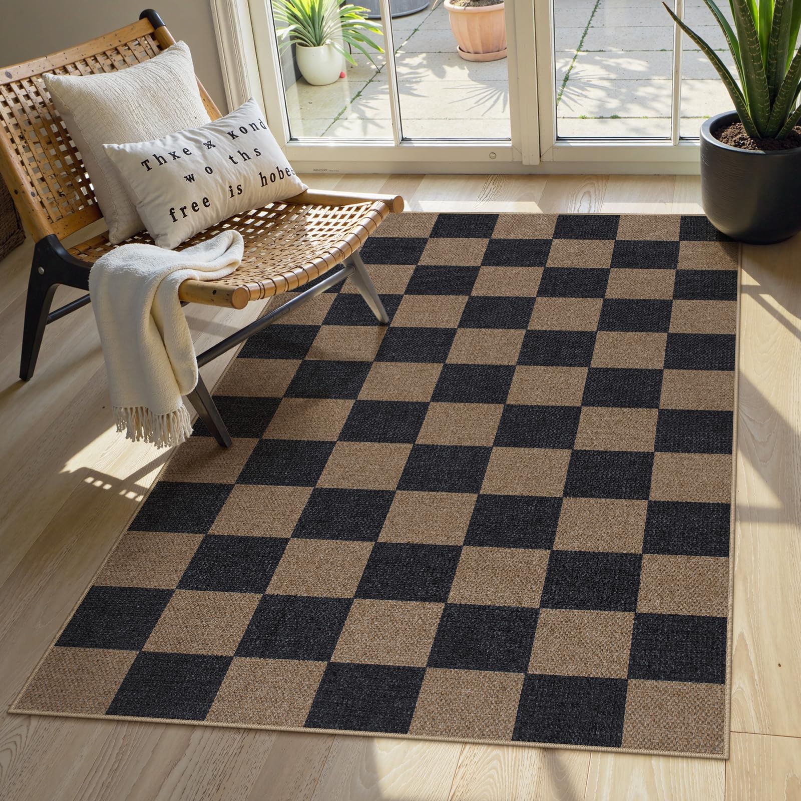 Lahome Checkered Easy Jute 5x7 Area Rugs, Washable Outdoor Patio Rug for Living Room Diamond Indoor Outdoor Carpet, Farmhouse Geometric Non Slip Black Carpet for Backyard Dining Room