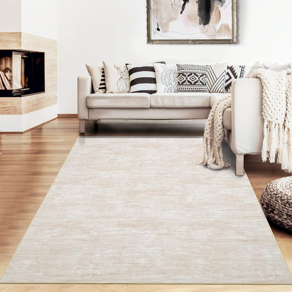 RUGSREAL 8x10 Washable Rug for Living Room Non-Slip Modern Abstract Area Rug Stain Resistant Large Bedroom Rug Contemporary Accent Throw Floor Carpet Solid Rug for Dining Room Home Decor, Beige