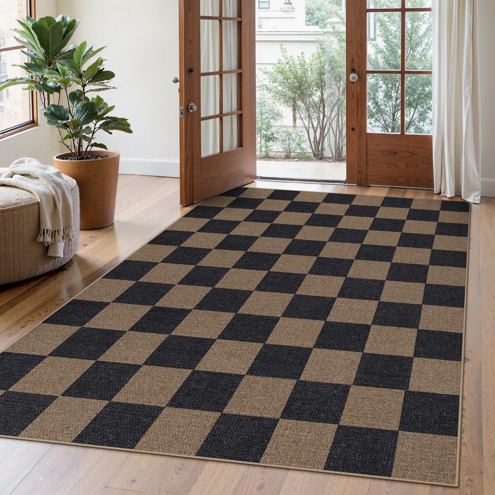 Lahome Checkered Easy Jute 5x7 Area Rugs, Washable Outdoor Patio Rug for Living Room Diamond Indoor Outdoor Carpet, Farmhouse Geometric Non Slip Black Carpet for Backyard Dining Room
