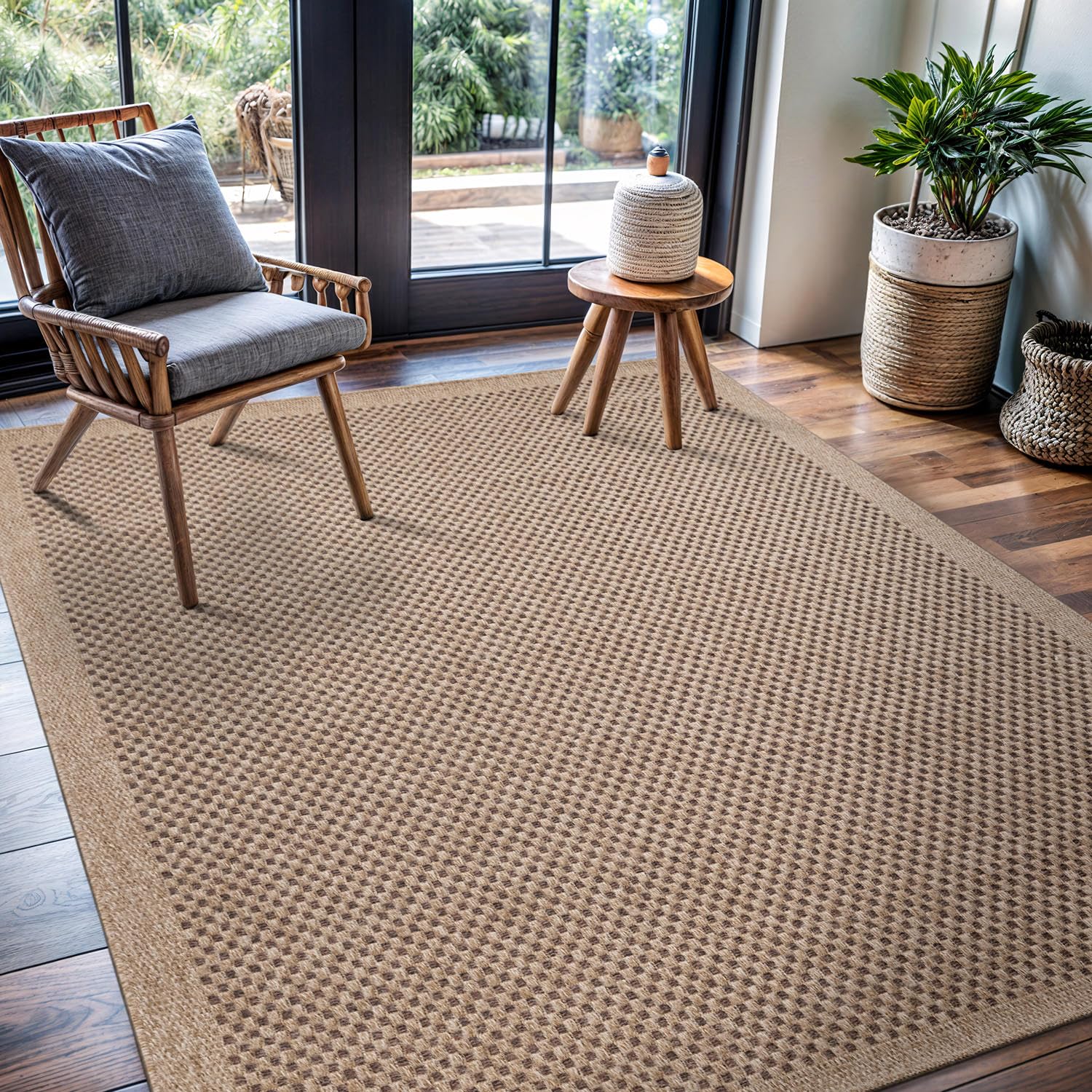 CAMILSON Easy Jute Rug 5x7, Indoor Outdoor Natural Color Fiber Area Rugs for Living Room Patio and Kitchen Rug Herringbone Seagrass Woven Design Easy-Cleaning Washable Outside Carpet Alfombras 5 x 7