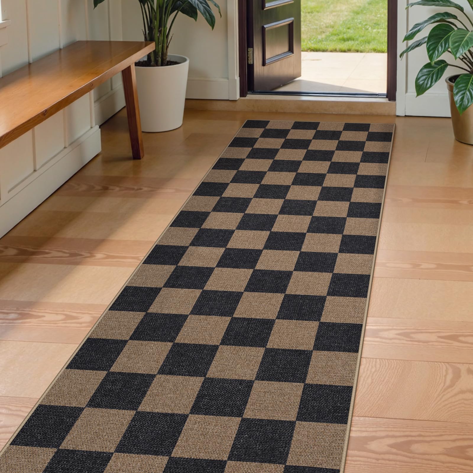 Lahome Checkered Easy Jute 5x7 Area Rugs, Washable Outdoor Patio Rug for Living Room Diamond Indoor Outdoor Carpet, Farmhouse Geometric Non Slip Black Carpet for Backyard Dining Room