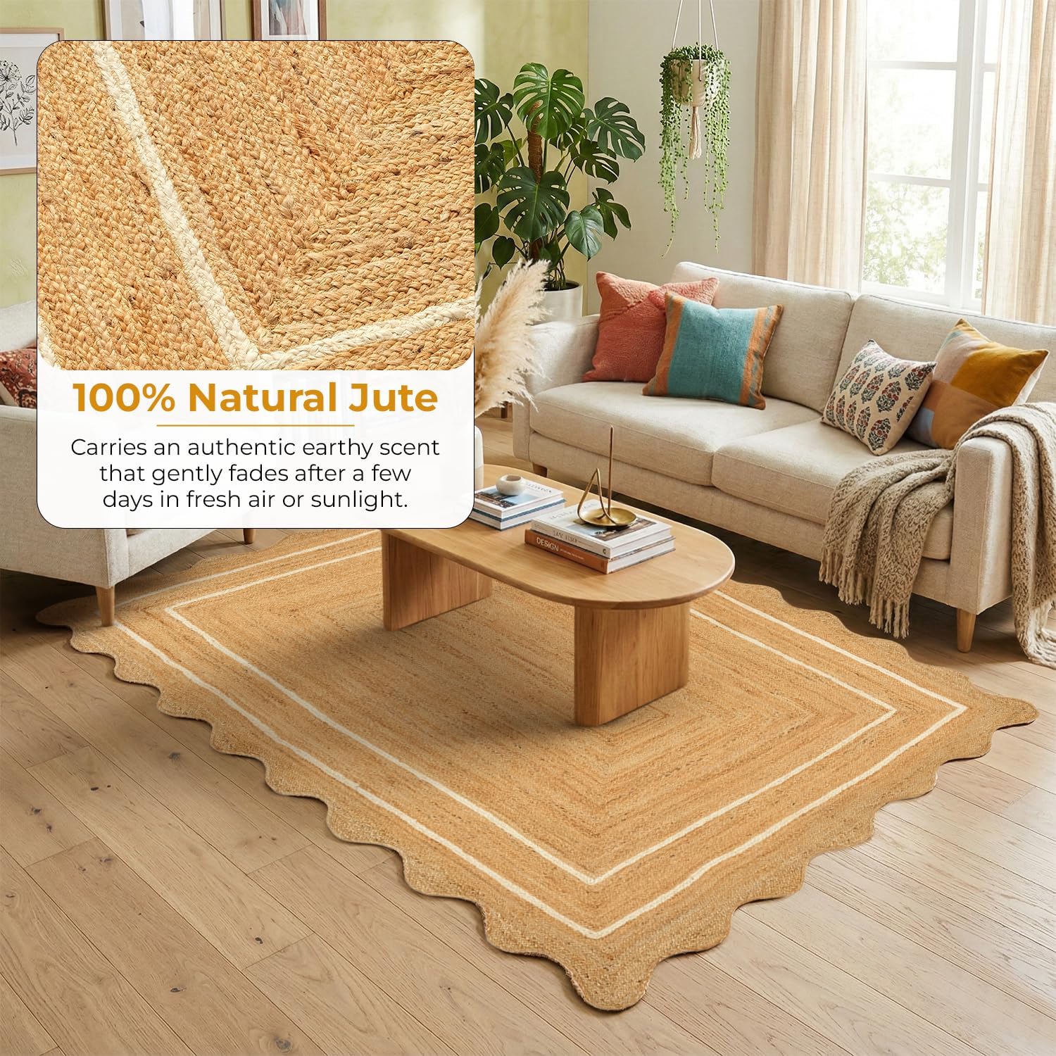 GRUHUM Jute Area Rug 6'x9' ft Wave Scalloped Natural Ivory Border Handwoven Boho Reversible Rustic Vintage Farmhouse Soft Braided EcoFriendly Rug - Indoor Livingroom Bedroom Hallways 6x9 ft Large