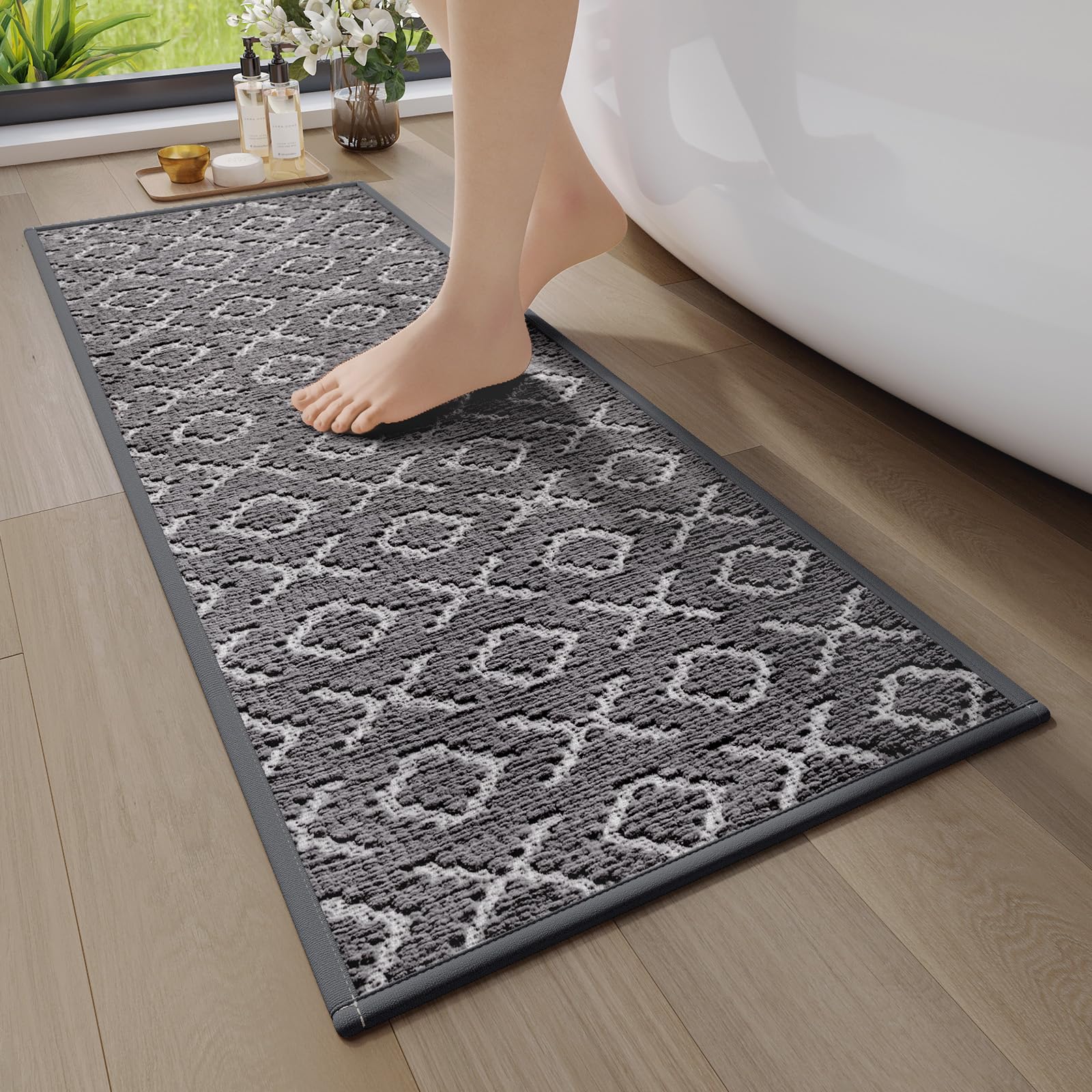 Bathroom Runner Rug Non Slip, Super Absorbent Quick Dry Long Bath Mat, Foam Weave Texture Rubber Backing Ultra Thin Bathroom Mats Fit Under Door Bathroom Floor Bathtub Shower, 16"x 47"