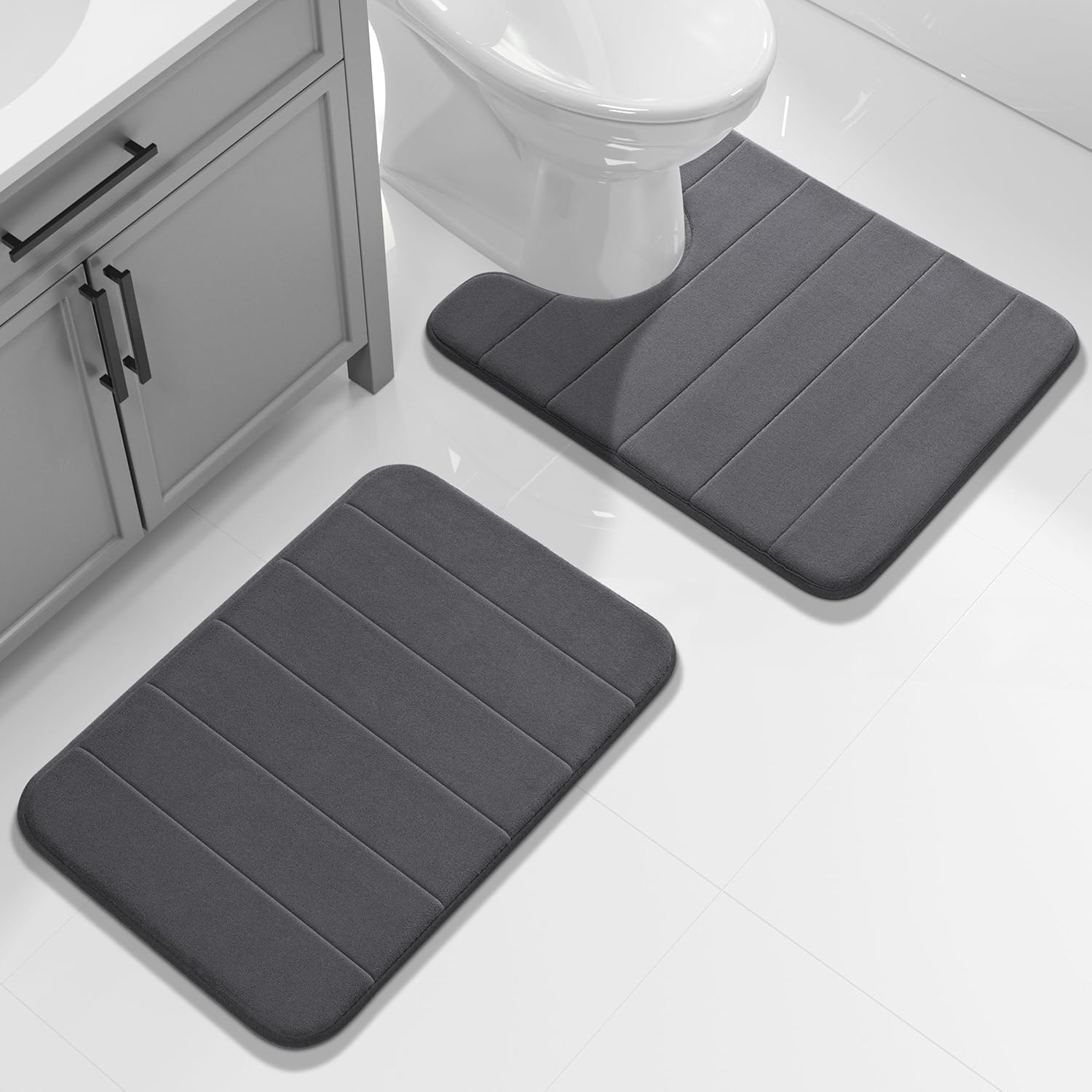 Yimobra Memory Foam Bathroom Rugs Sets 2 Piece - Super Soft Absorbent Quick Dry Bath Mat Set, Machine Washable Non Slip Floor Carpet for Tub Shower & Single Sink (17x24 & 31.5x20 Inch, Dark Gray)
