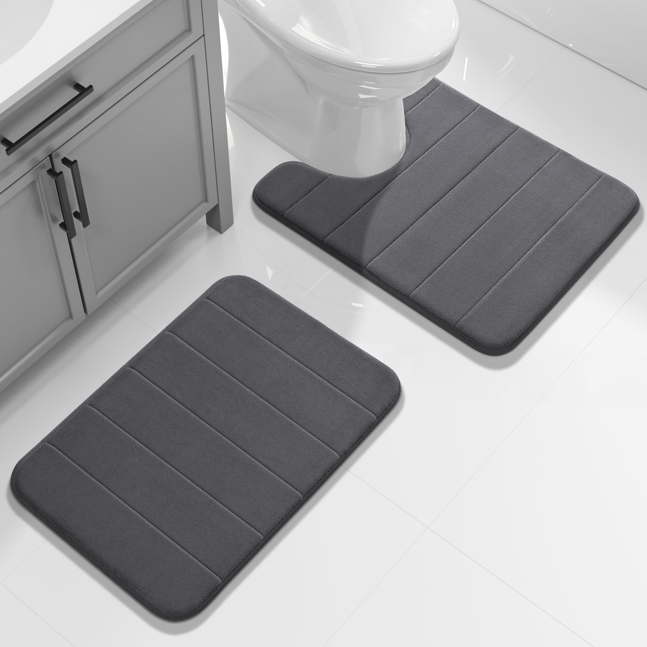 Yimobra Memory Foam Bath Mat Set 2 Piece - Super Soft Absorbent Quick Dry Bathroom Toilet Rugs, Machine Washable Non Slip Floor Carpet for Tub Shower & Single Sink (31.5x20 & 24x20, Gray)