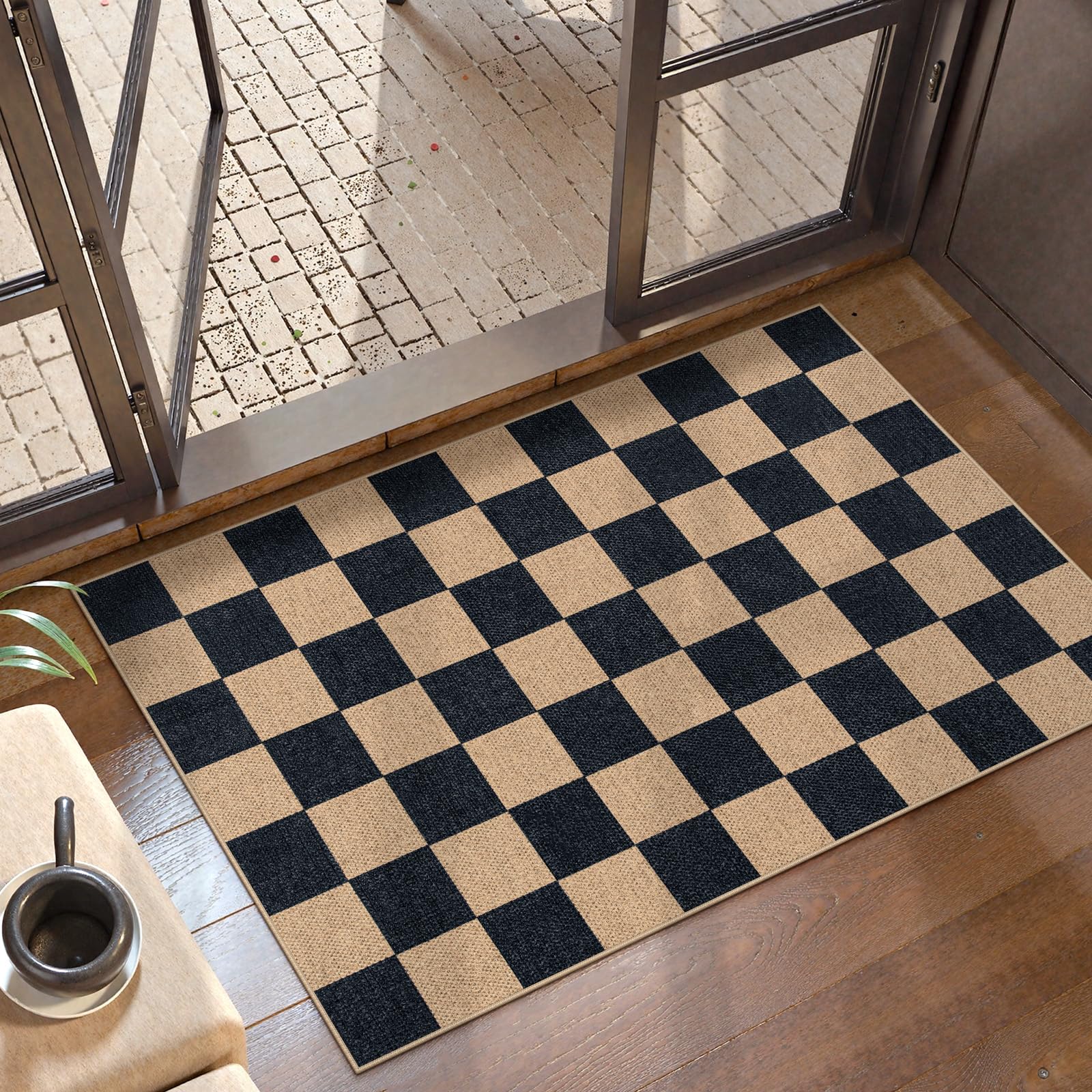 Lahome Checkered Easy Jute 5x7 Area Rugs, Washable Outdoor Patio Rug for Living Room Diamond Indoor Outdoor Carpet, Farmhouse Geometric Non Slip Black Carpet for Backyard Dining Room