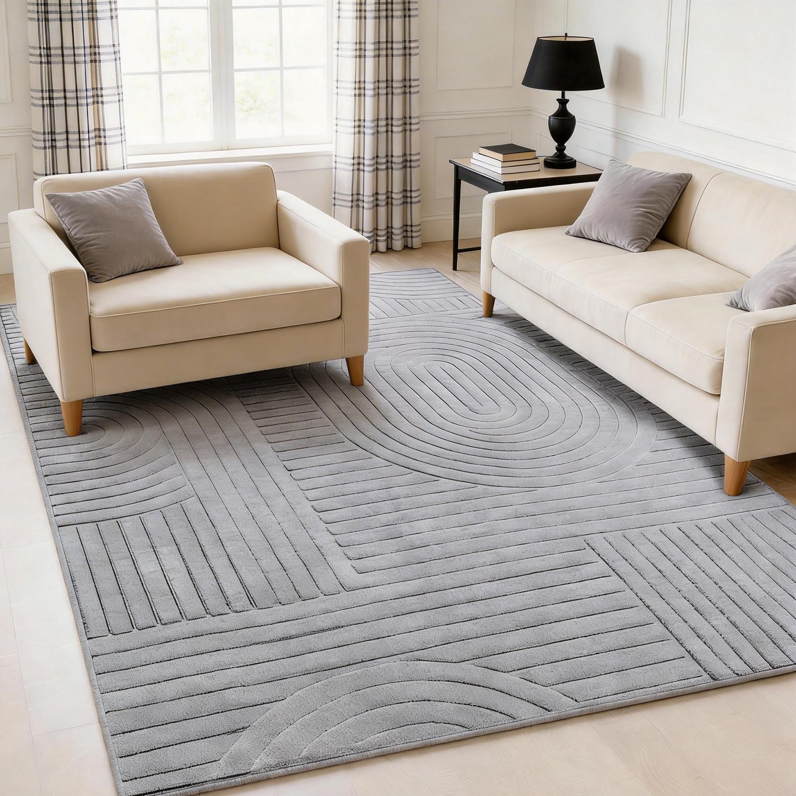 Beige Solid Area Rug 8x10 – Large Washable Soft Indoor Rugs for Living Room Bedroom, Modern Geometric Bohemian Pattern High-Low Pile Textured Carpet for House Apartment, Home Office Decor