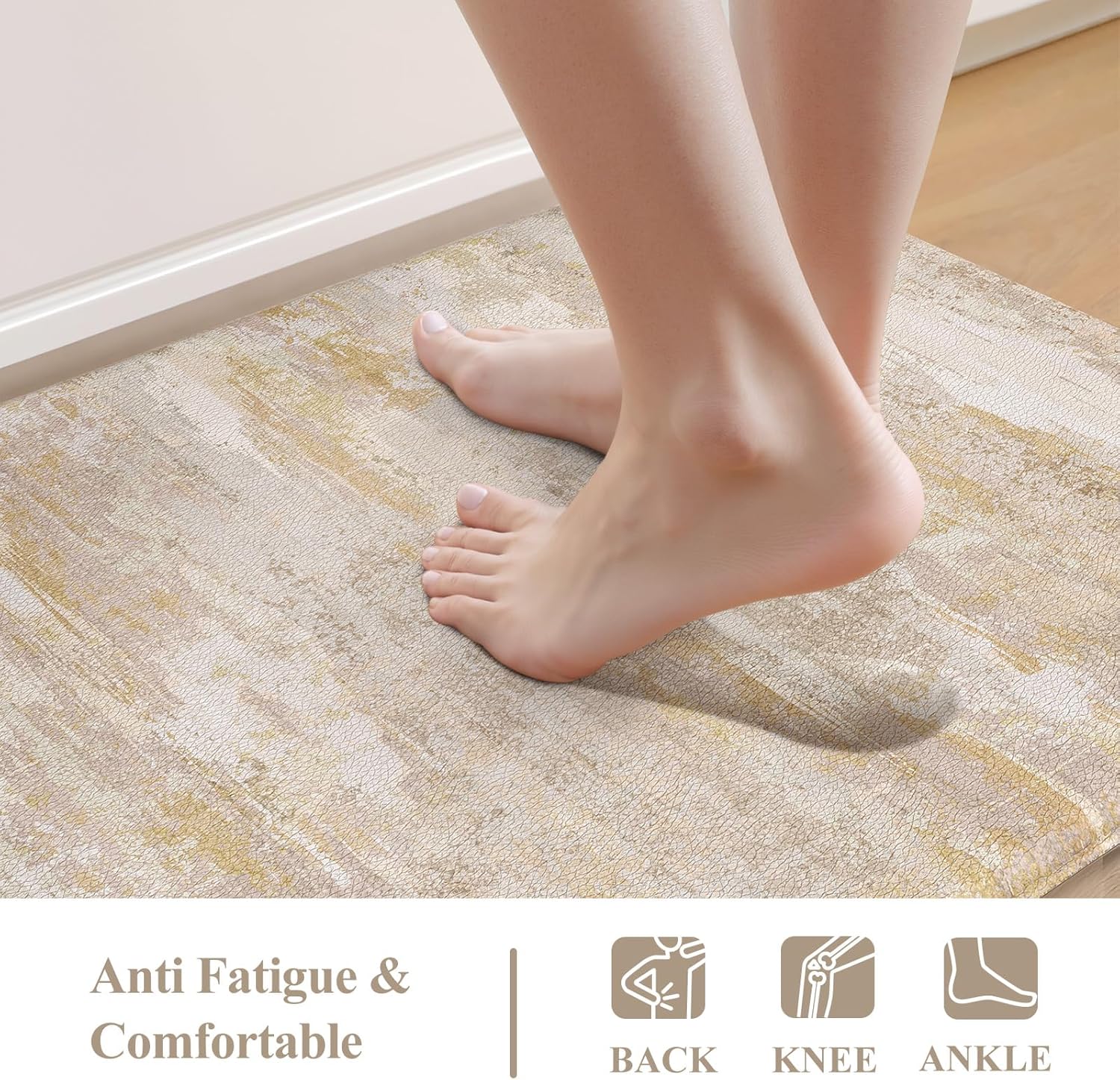 Collive Kitchen Mats Cushioned Anti Fatigue, Abstract Kitchens Floor Mat Non Slip Desk Rugs Waterproof, Beige Memory Foam Comfort Standing Rug for Sink, Home Decor, 17"x59"+17"x29"