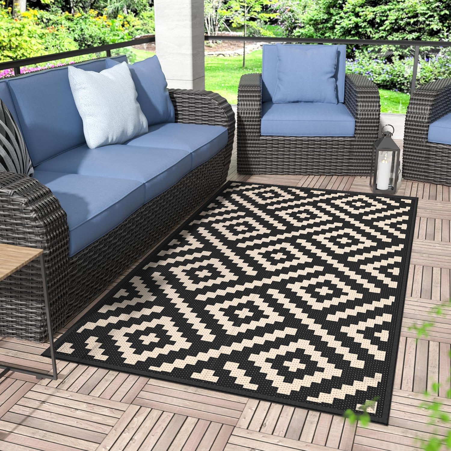 GENIMO 5x8 Outdoor Rug Waterproof, Reversible Mats, Area Rug, Plastic Outside Carpet, Geometric Rv Mat for Patio Camping Rv Picnic Backyard Deck Balcony Porch Beach Trailer (Black & Brown)